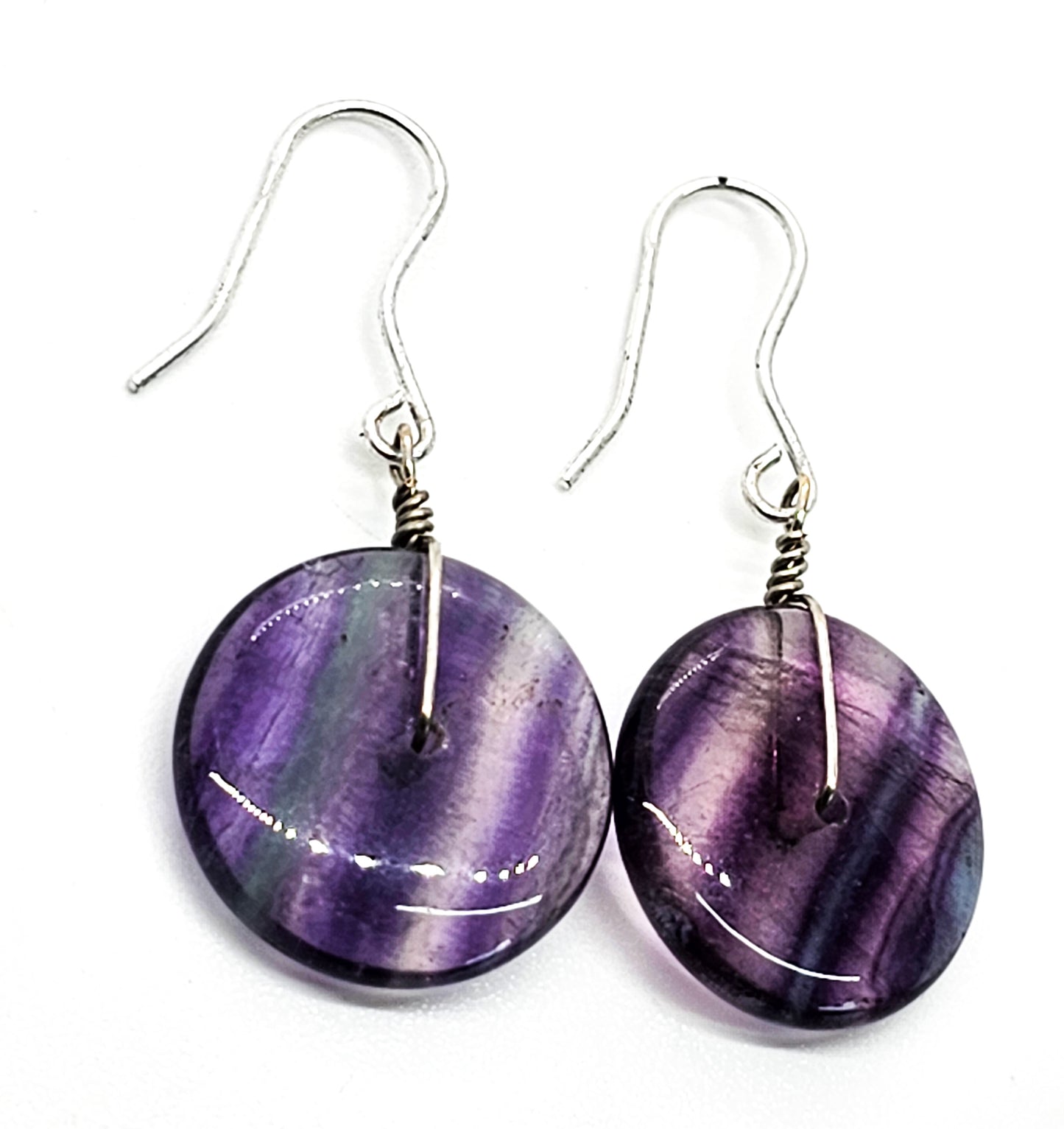 Banded Fluorite Disk FAS sterling silver vintage drop earrings Fluorite Donut