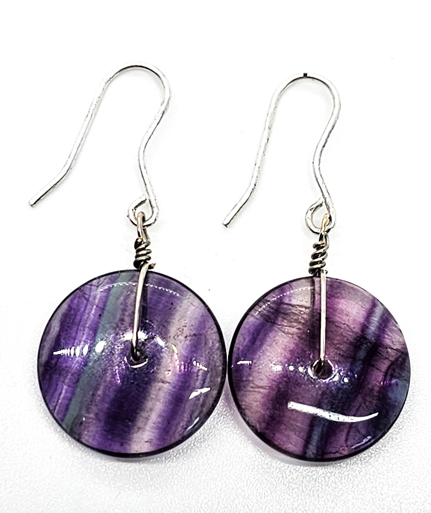 Banded Fluorite Disk FAS sterling silver vintage drop earrings Fluorite Donut