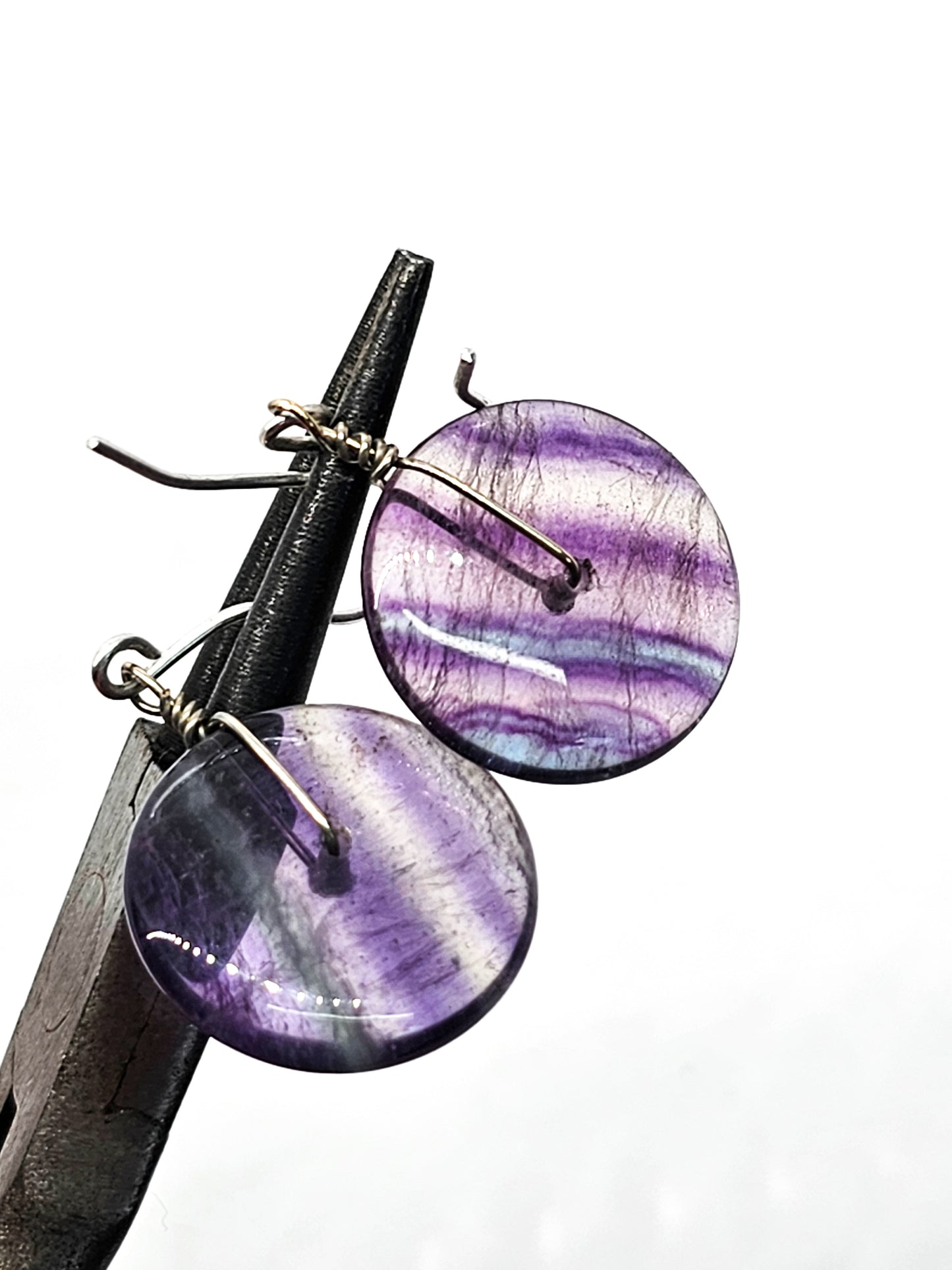 Banded Fluorite Disk FAS sterling silver vintage drop earrings Fluorite Donut