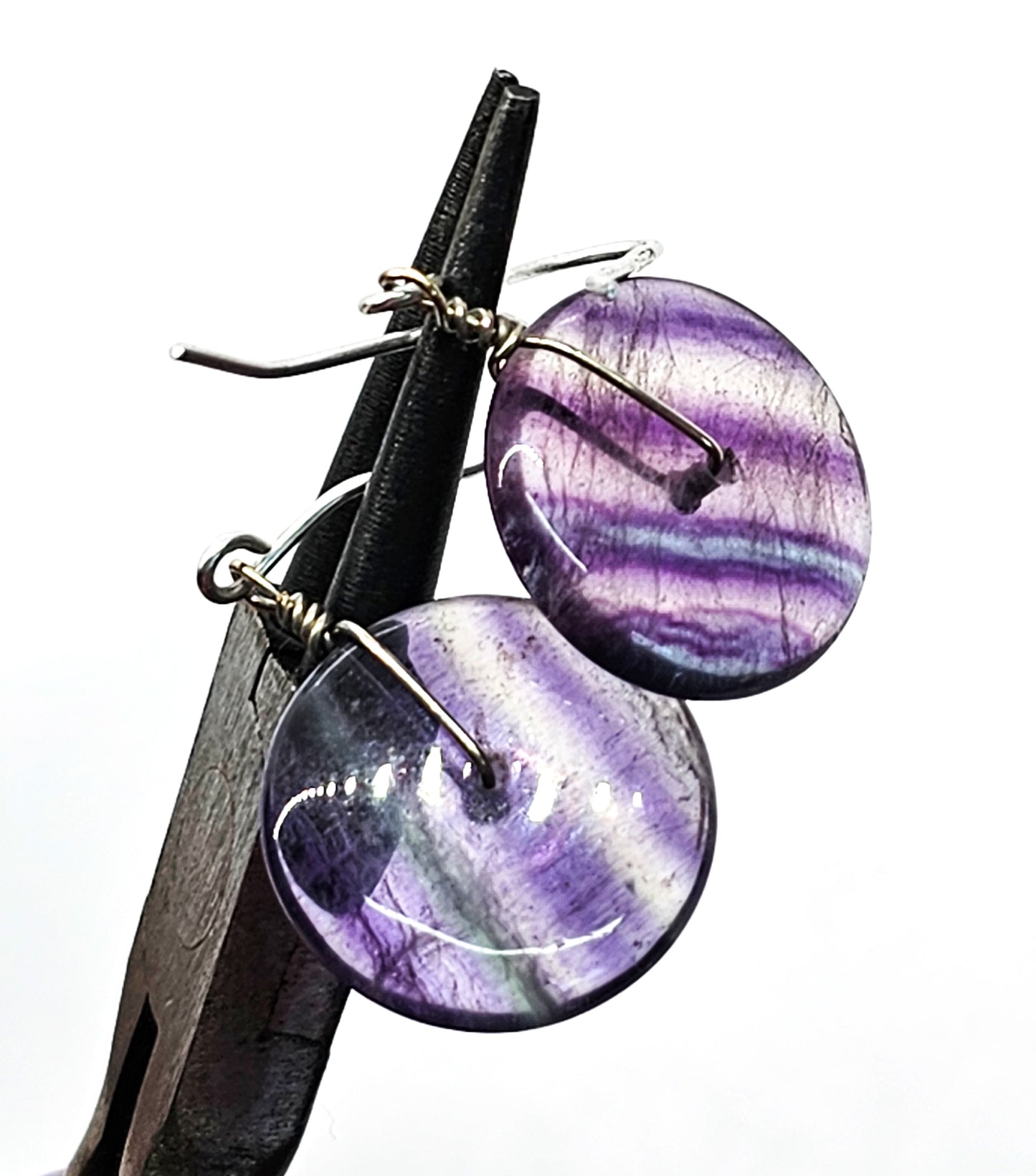 Banded Fluorite Disk FAS sterling silver vintage drop earrings Fluorite Donut