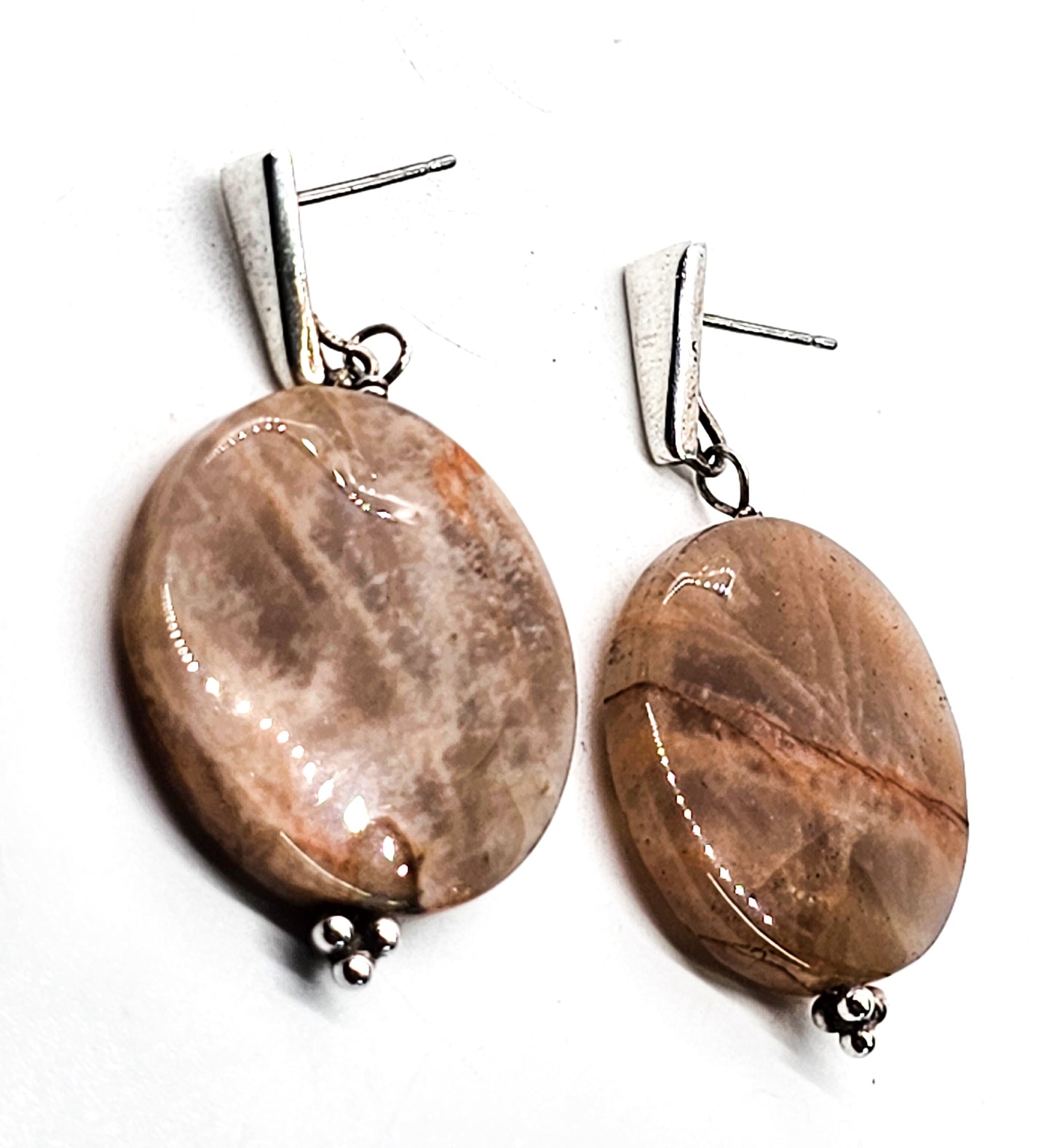 Peach moonstone silver sheen gemstone disk sterling silver vintage earrings