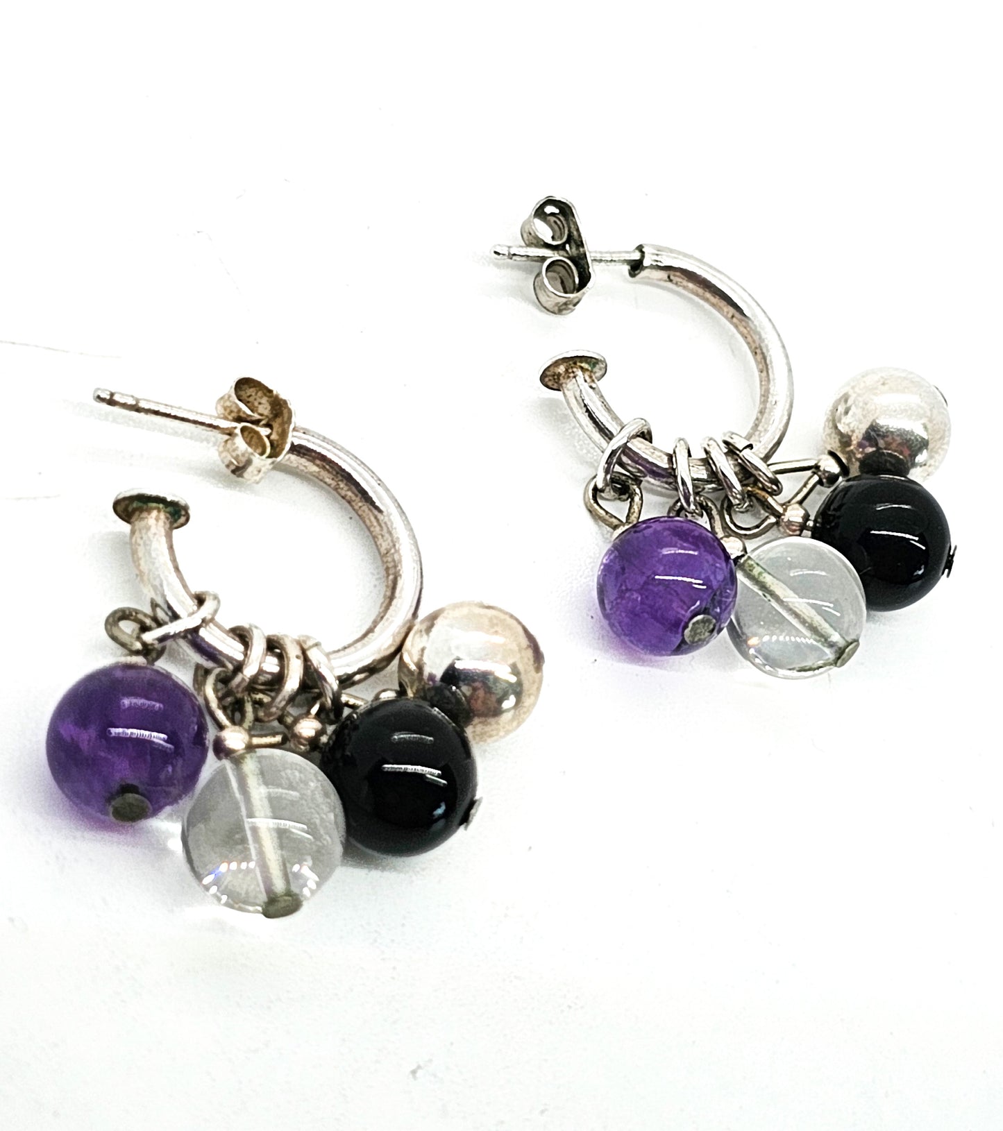 Purple and Black Gemstone beaded vintage sterling silver hoop earrings