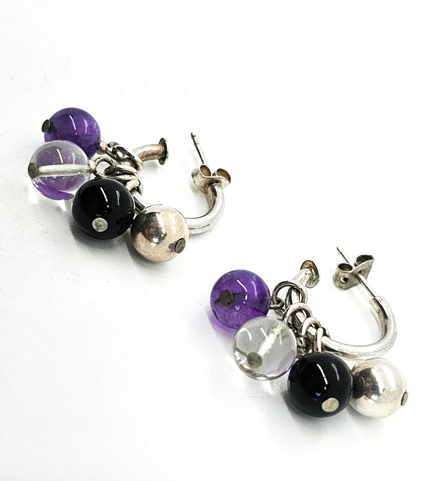 Purple and Black Gemstone beaded vintage sterling silver hoop earrings