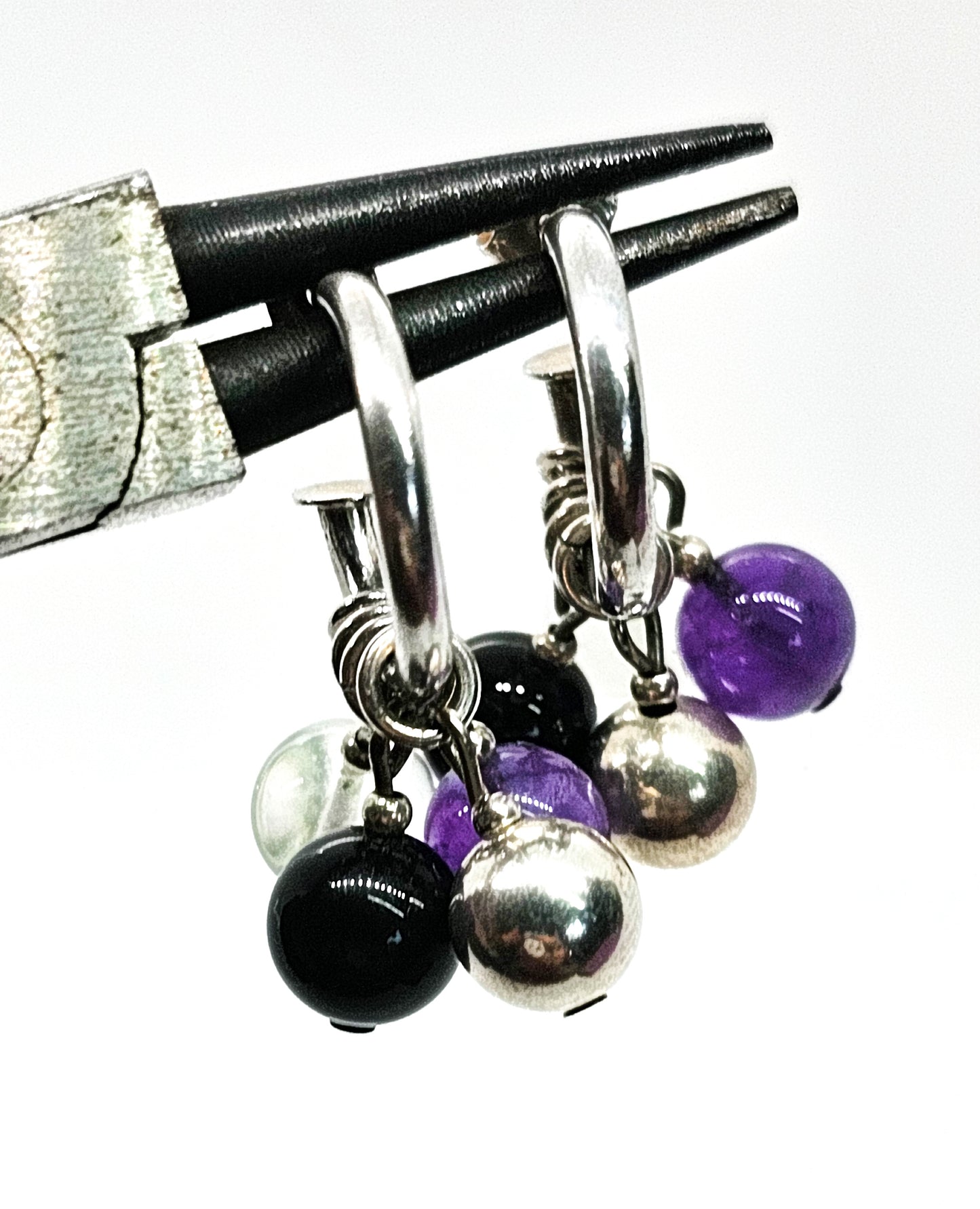 Purple and Black Gemstone beaded vintage sterling silver hoop earrings
