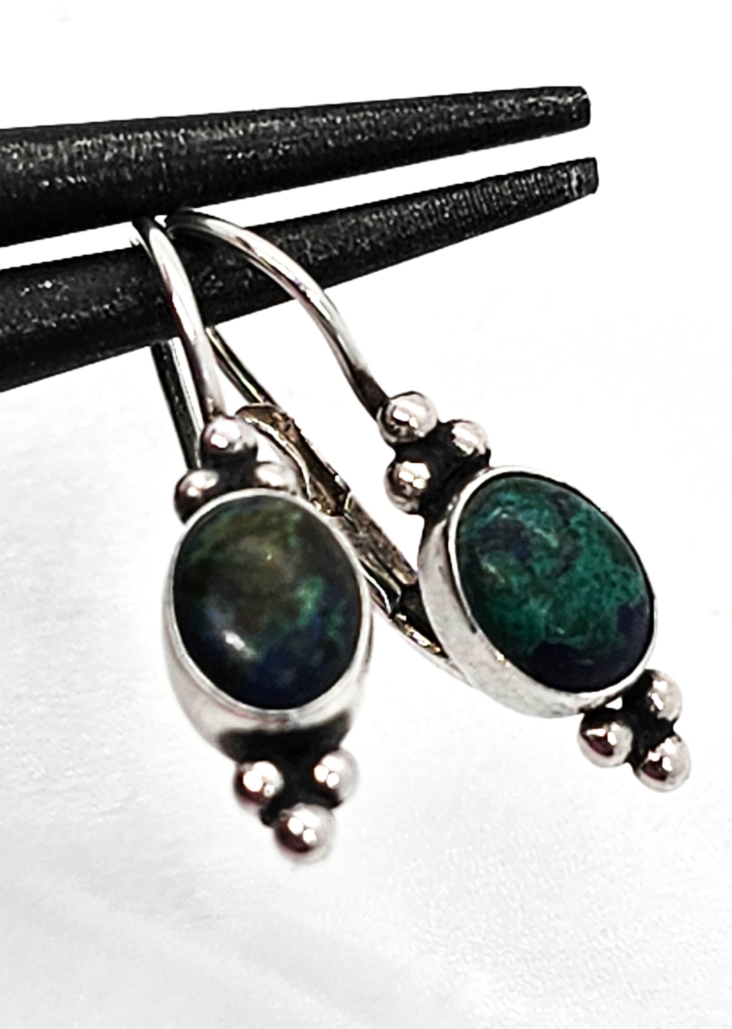 Chrysocolla blue green gemstone vintage Balinese sterling silver earrings
