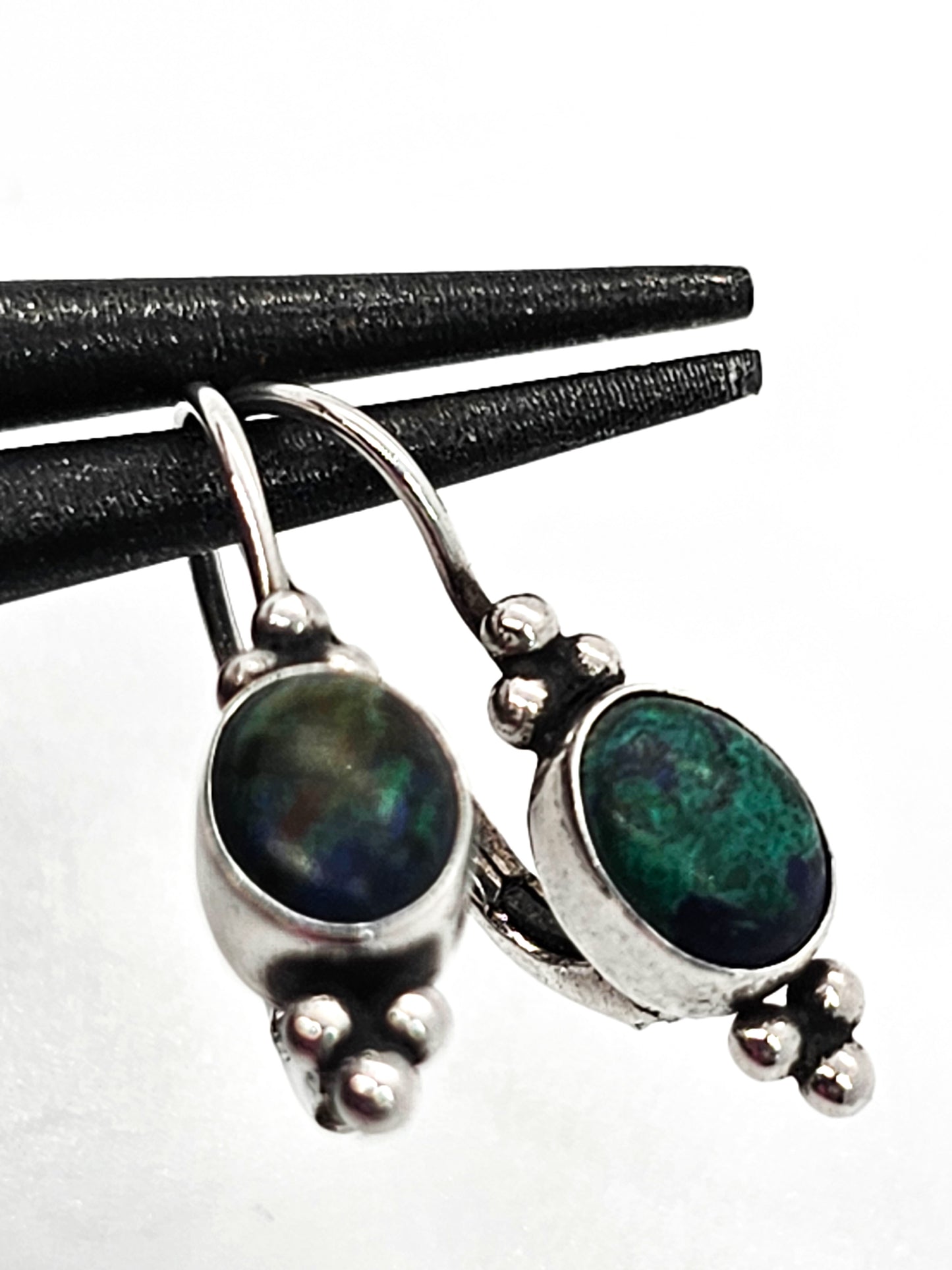 Chrysocolla blue green gemstone vintage Balinese sterling silver earrings