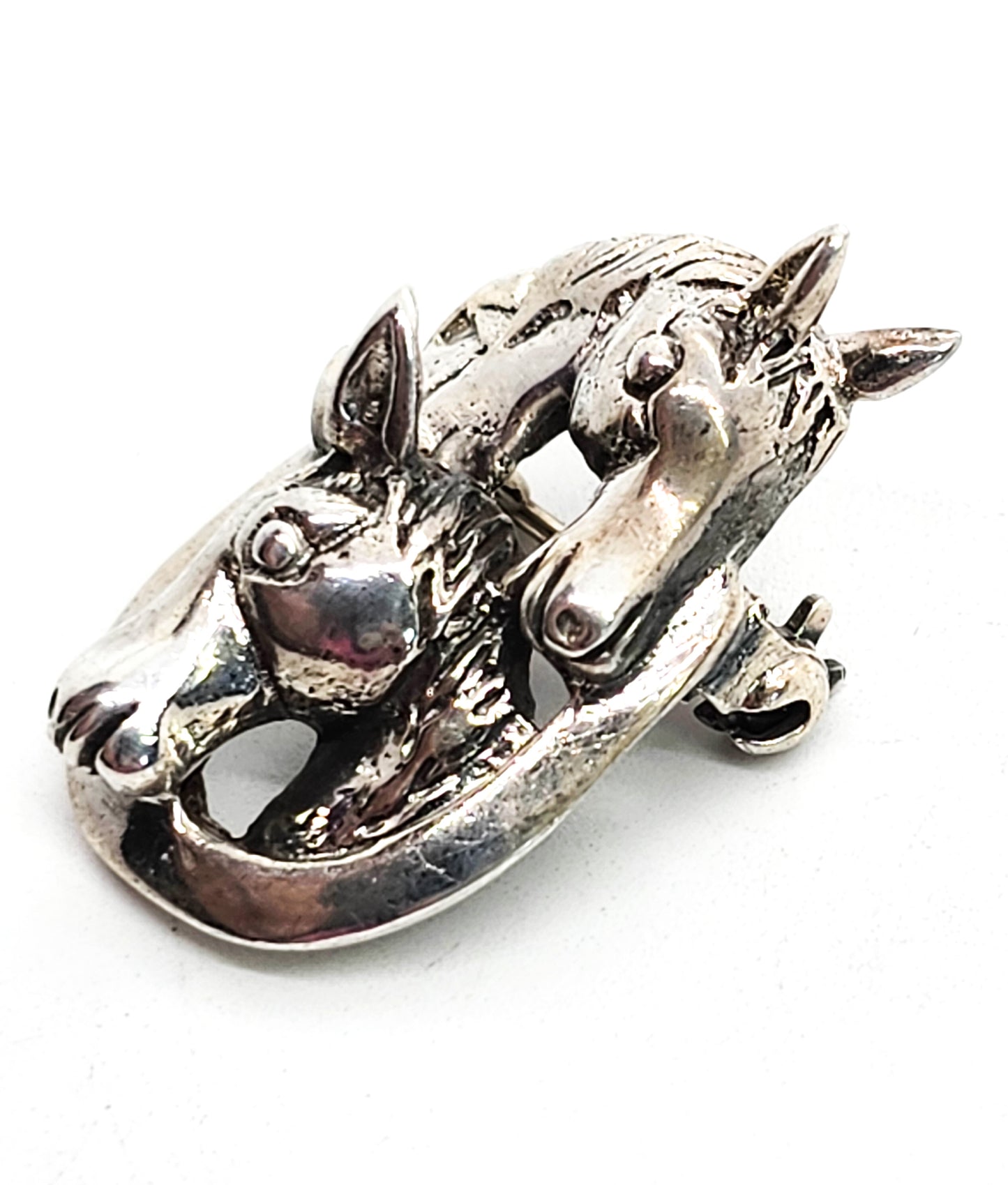 Double horse equestrian framed vintage solid sterling silver brooch