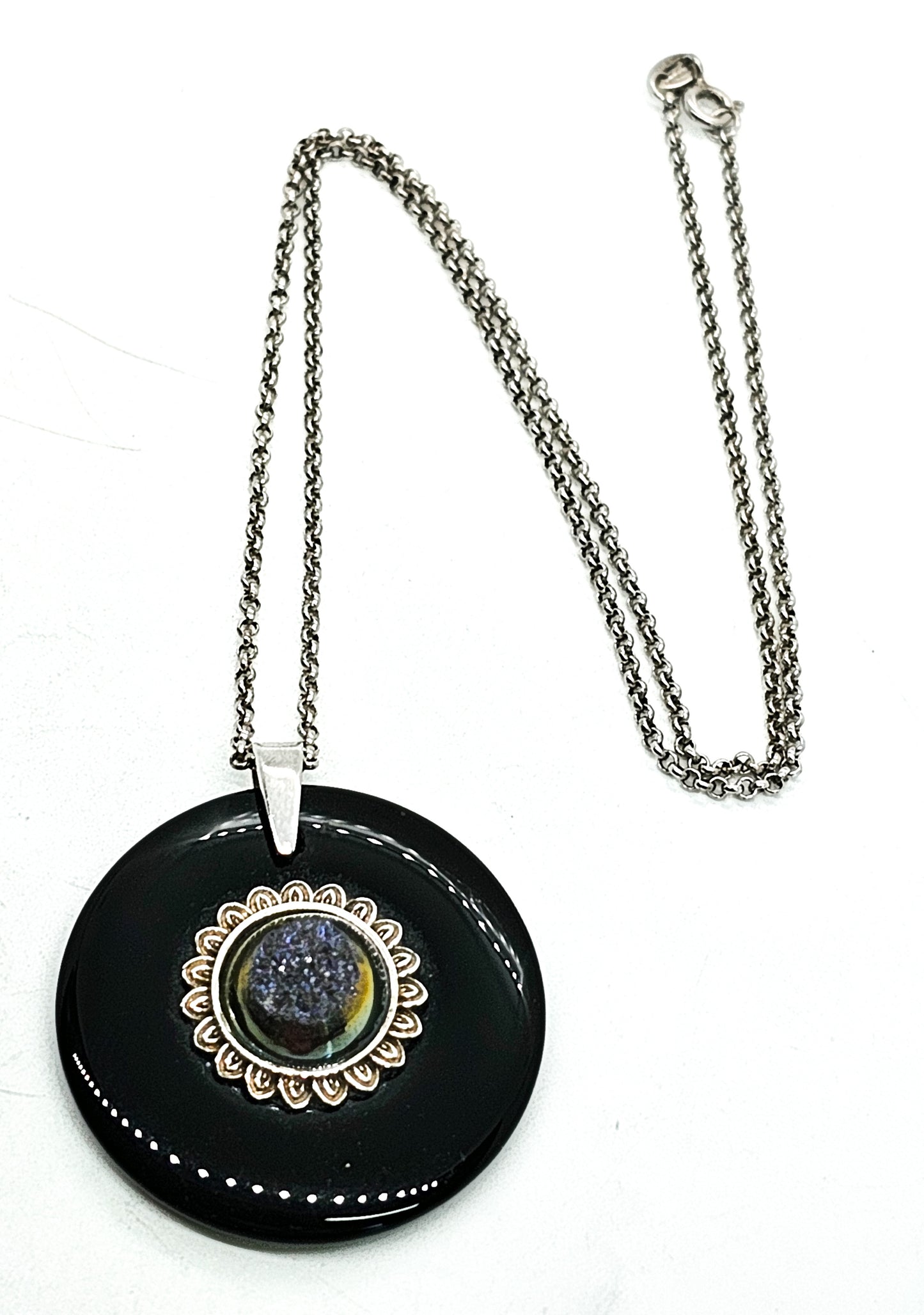 PJC Purple and gold titanium coated druzy in black onyx sterling silver necklace