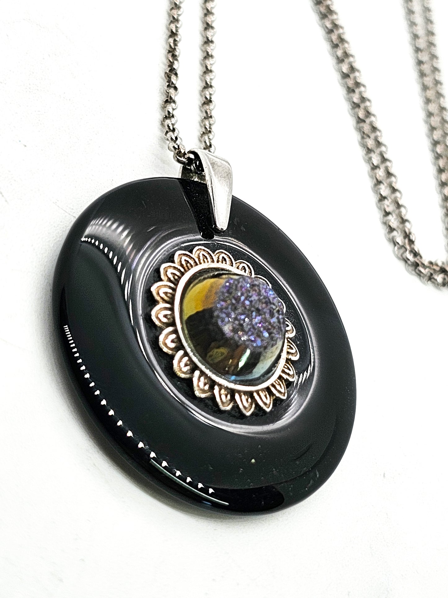 PJC Purple and gold titanium coated druzy in black onyx sterling silver necklace