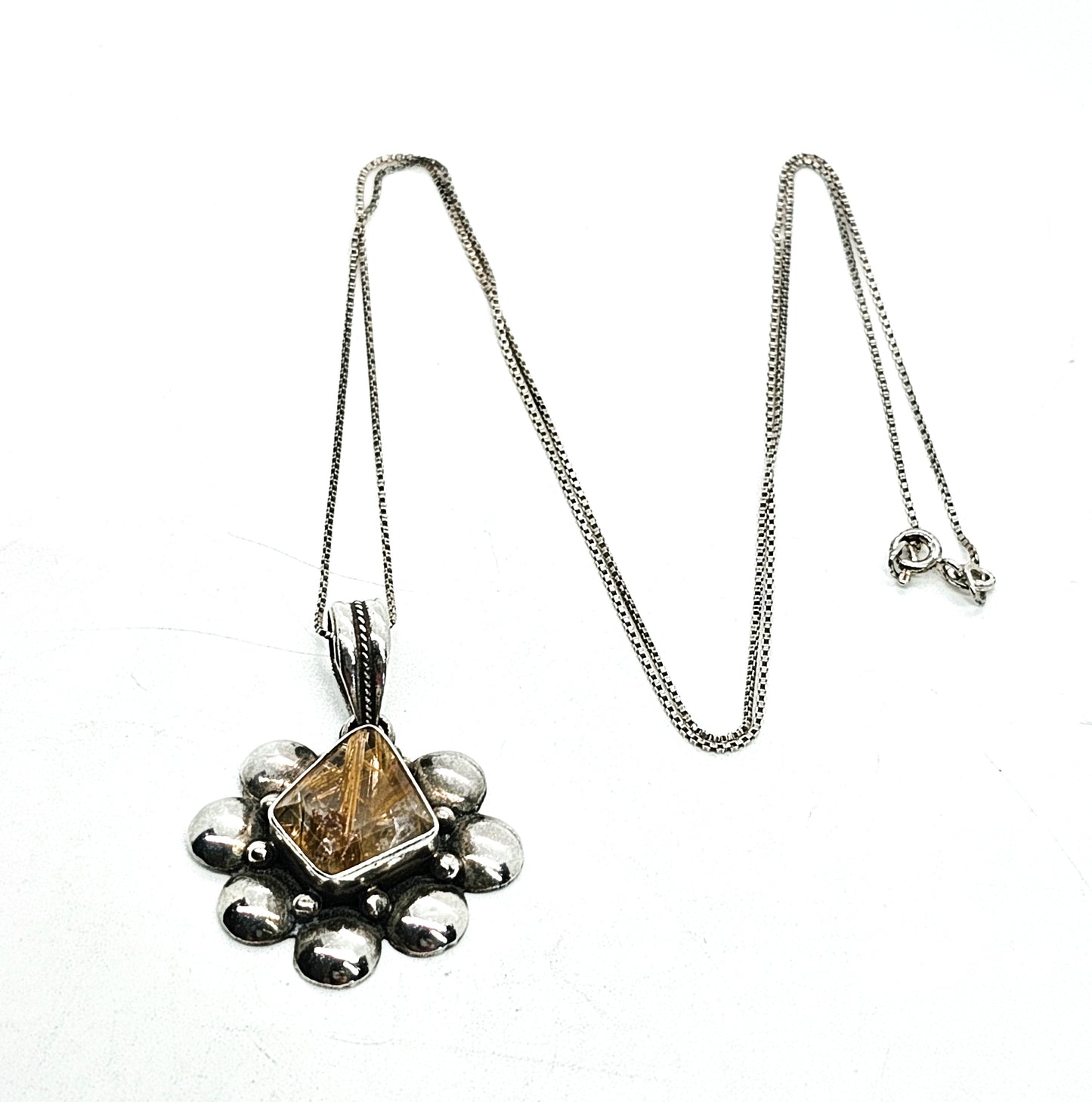 Golden Rutilated quartz vintage sterling silver artisan pendant necklace