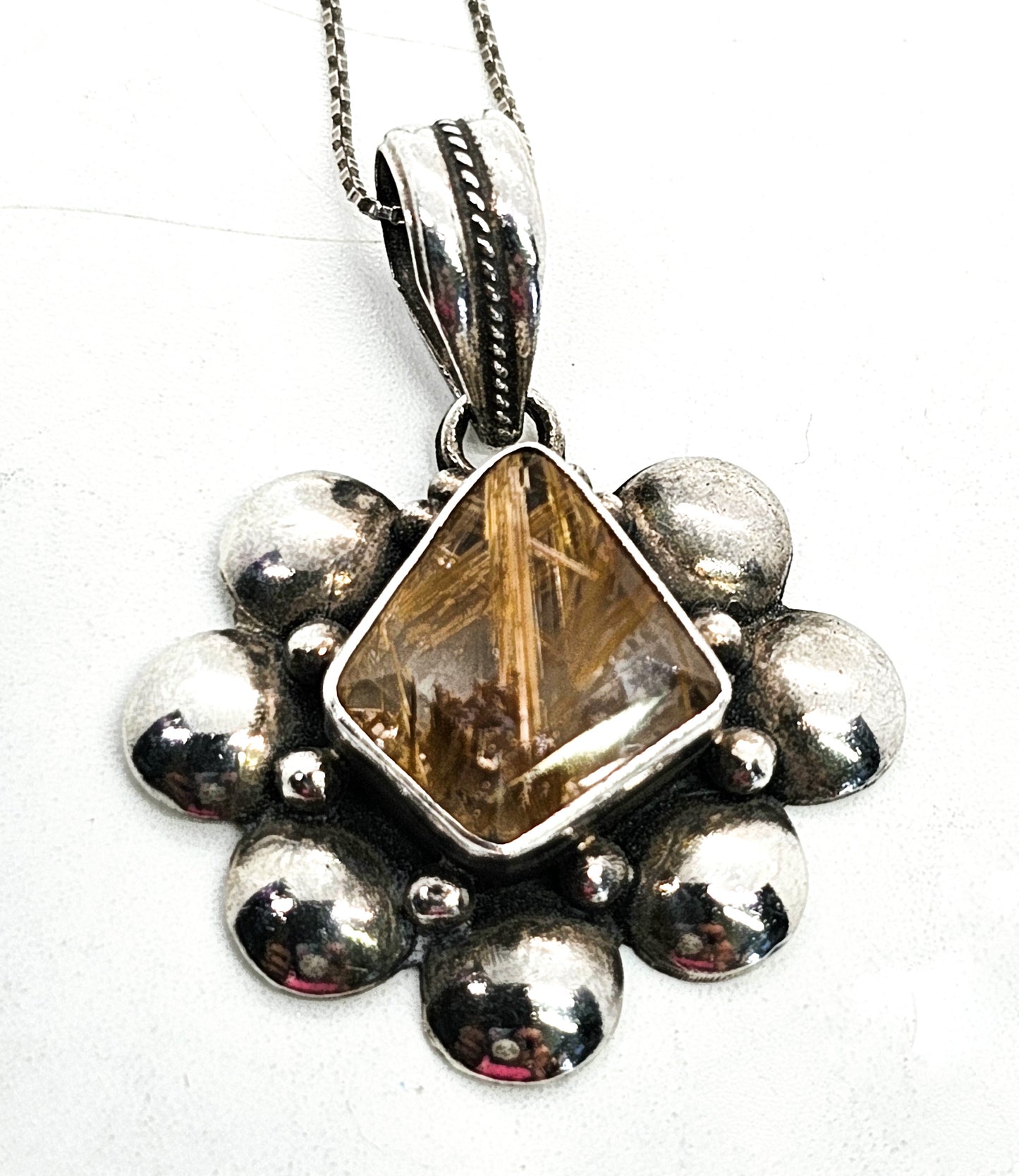 Golden Rutilated quartz vintage sterling silver artisan pendant necklace