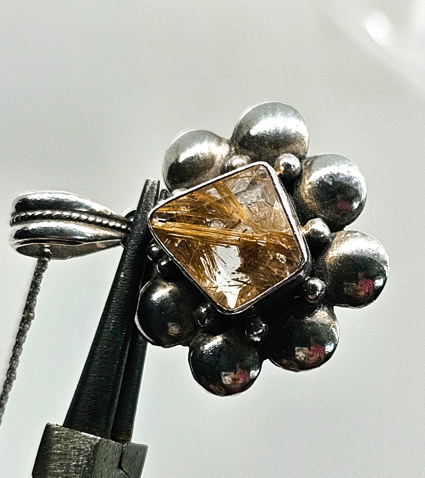 Golden Rutilated quartz vintage sterling silver artisan pendant necklace