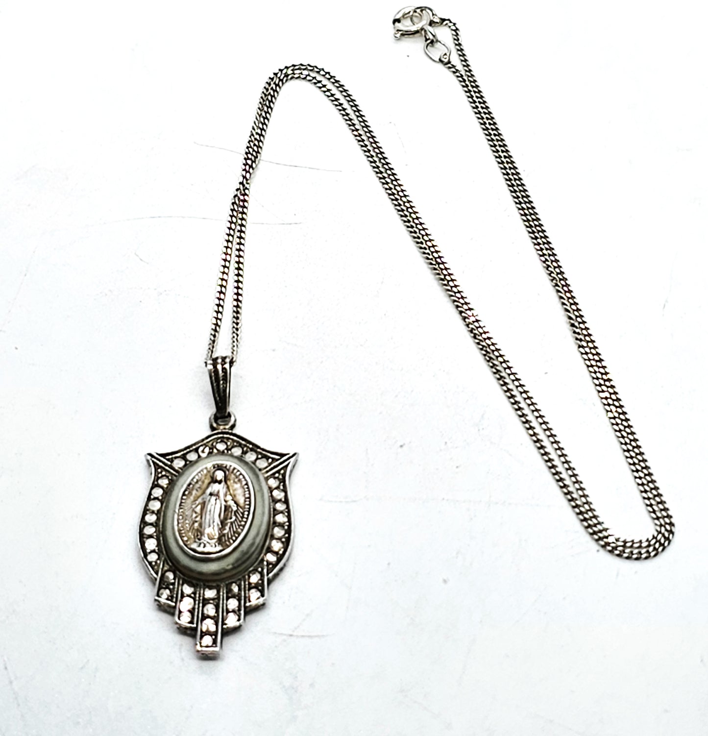 Blue glow uranium glass lead Miraculous medal vintage sterling silver necklace