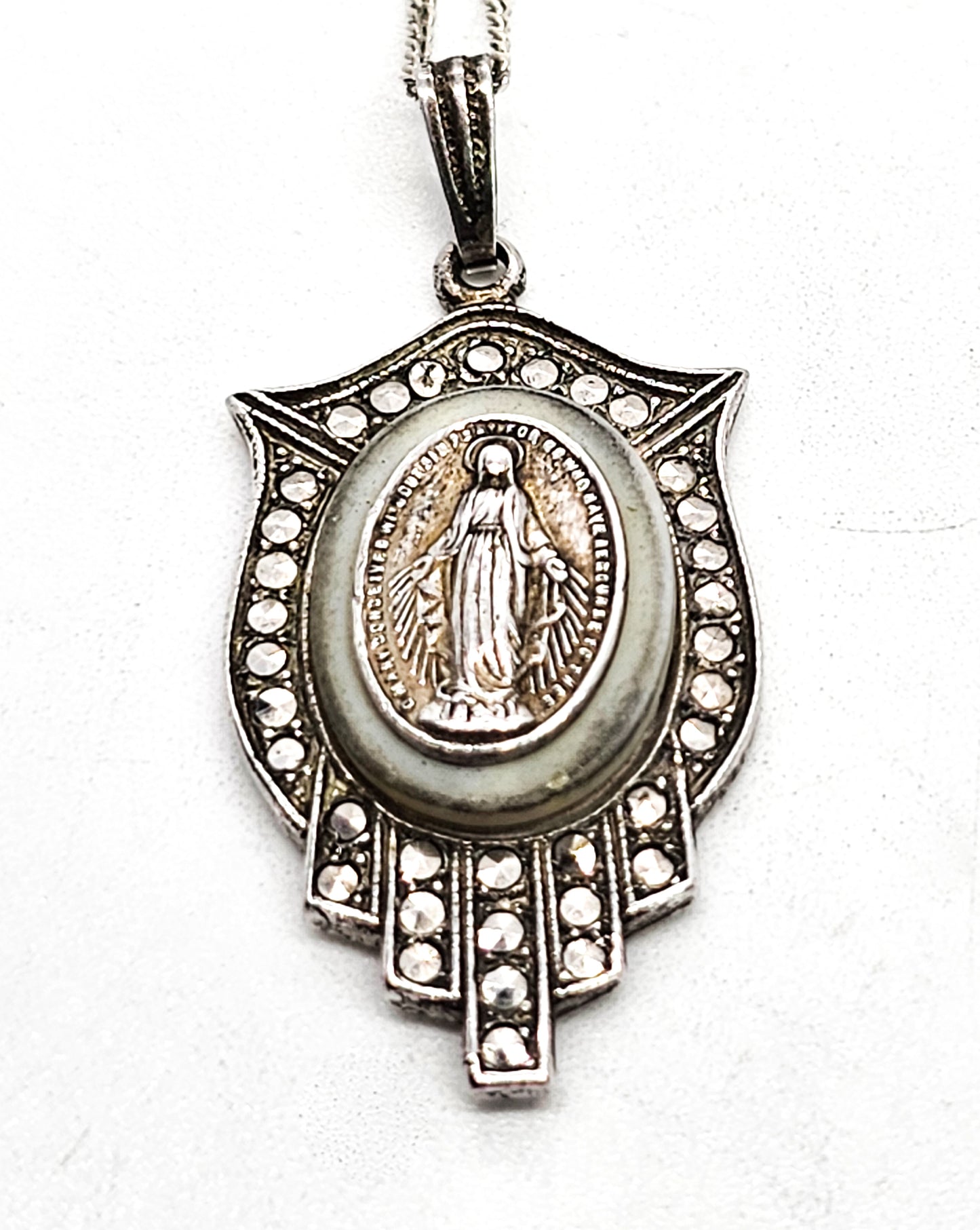 Blue glow uranium glass lead Miraculous medal vintage sterling silver necklace