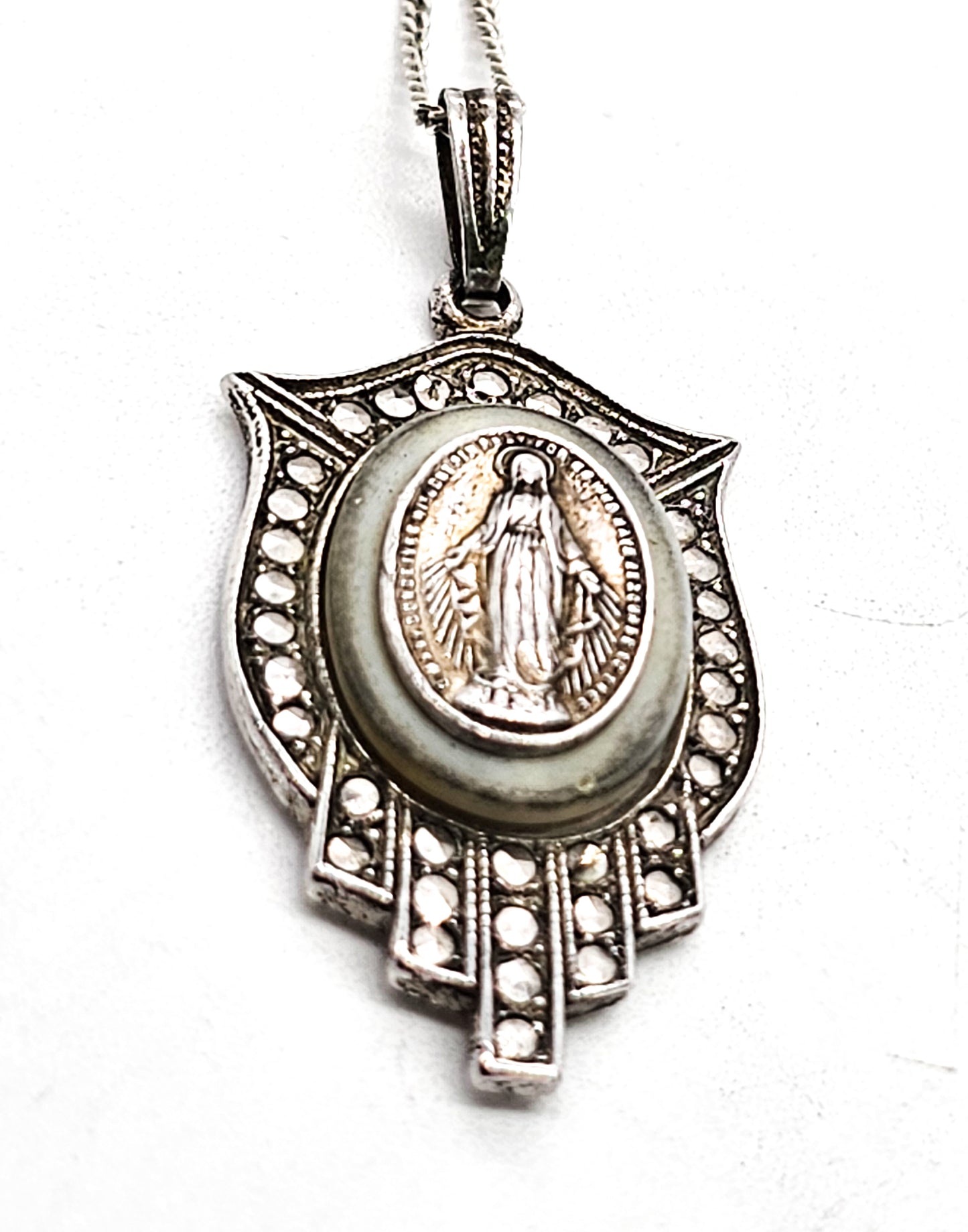 Blue glow uranium glass lead Miraculous medal vintage sterling silver necklace