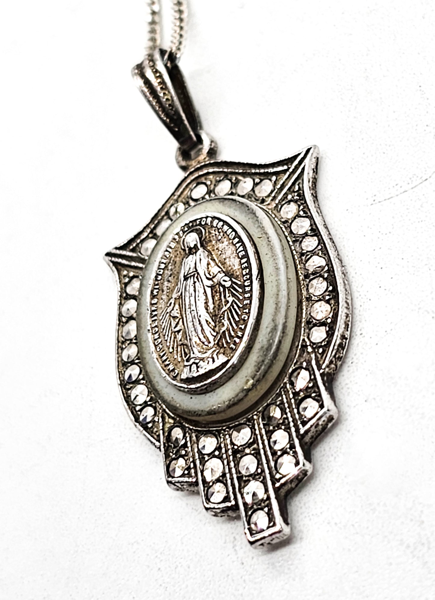 Blue glow uranium glass lead Miraculous medal vintage sterling silver necklace