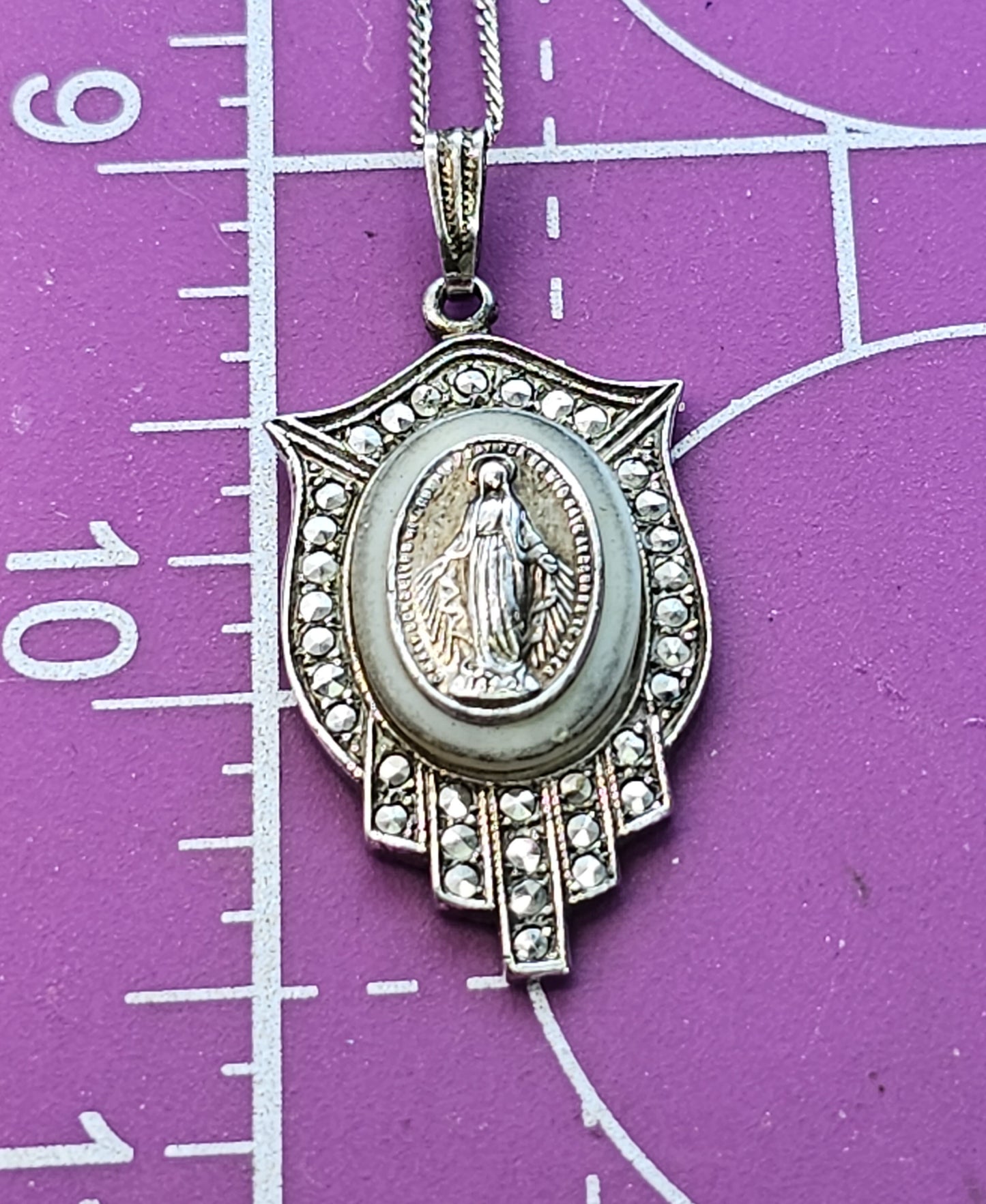 Blue glow uranium glass lead Miraculous medal vintage sterling silver necklace