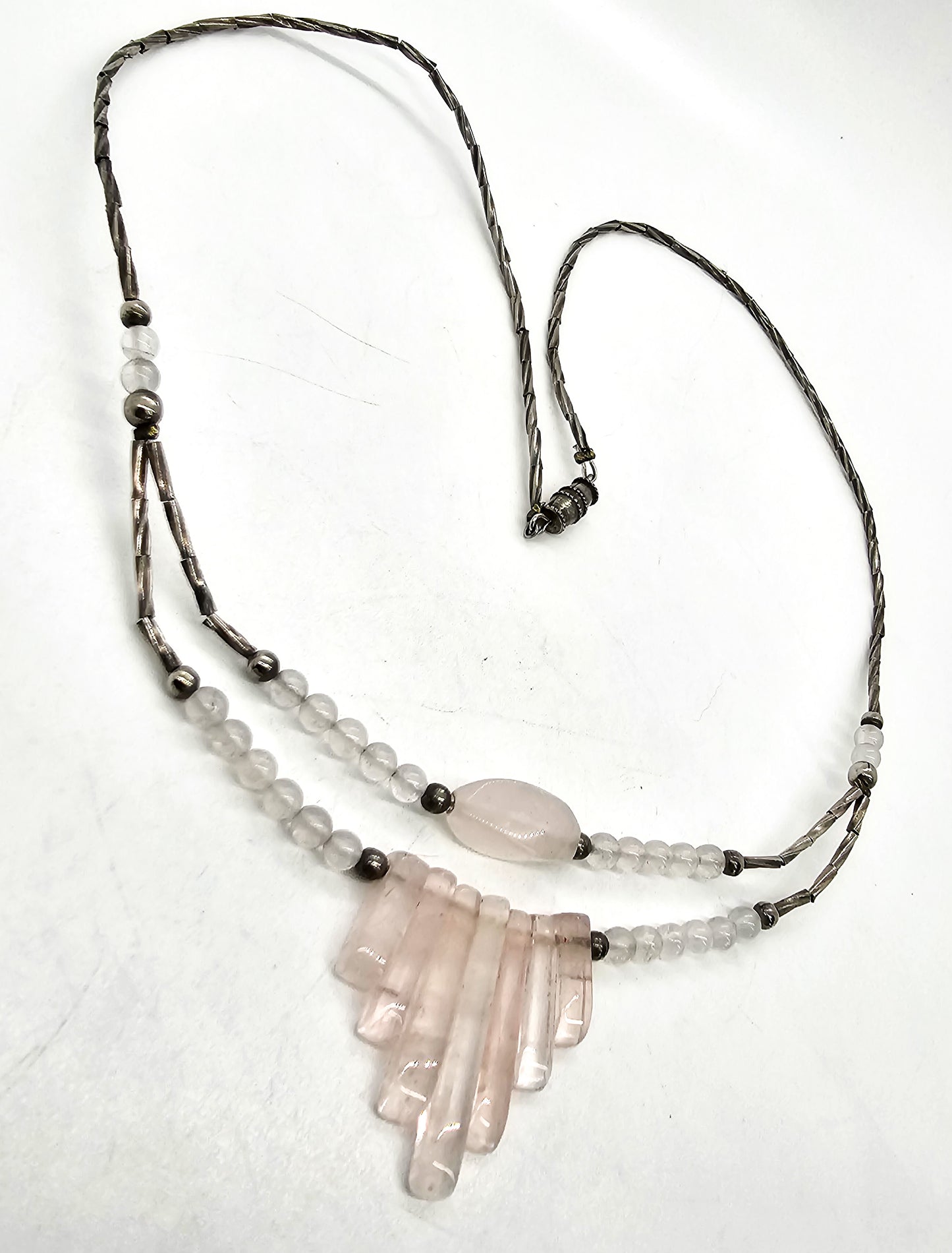 Rose Quartz pink gemstone silver toned layered retro vintage necklace