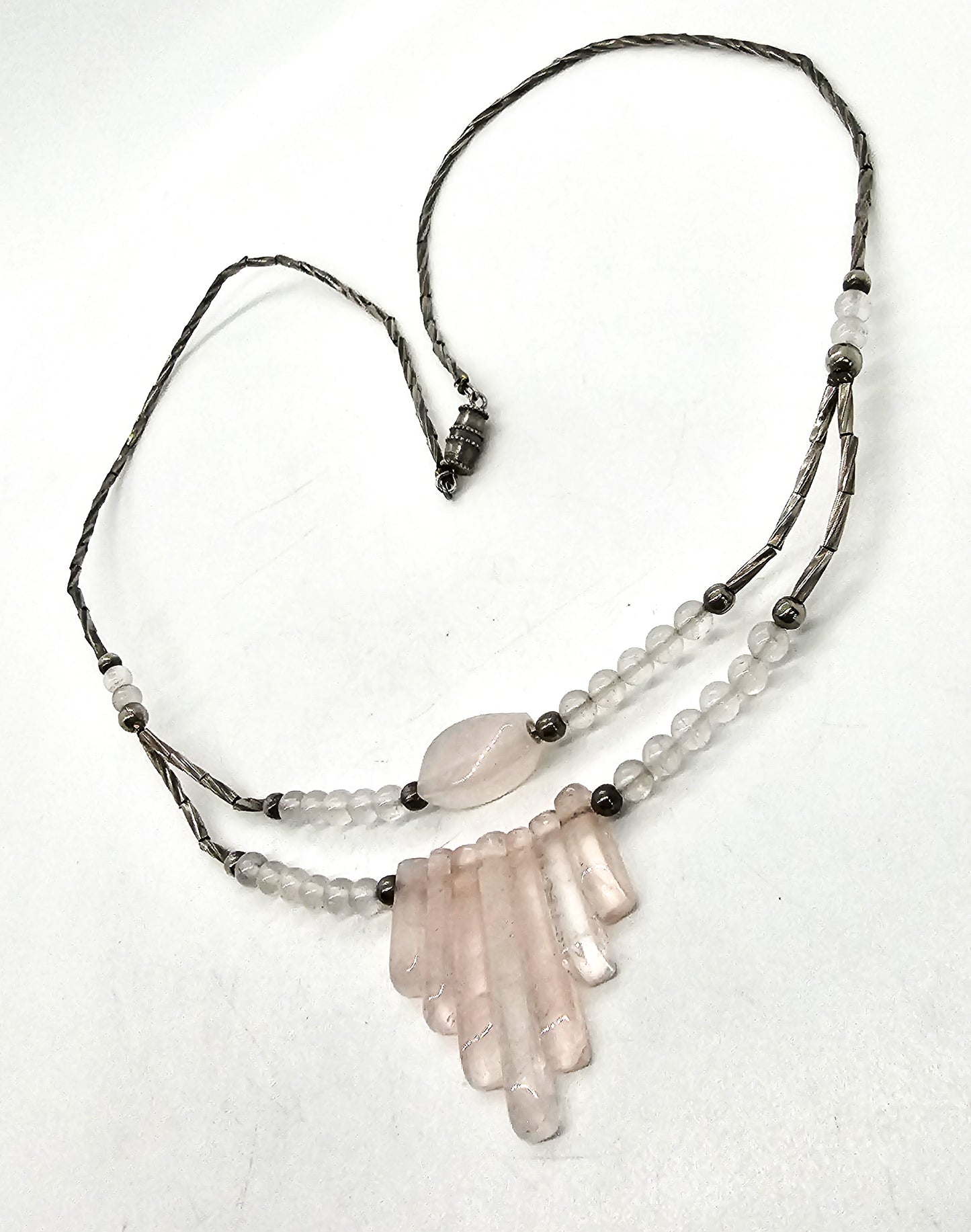 Rose Quartz pink gemstone silver toned layered retro vintage necklace