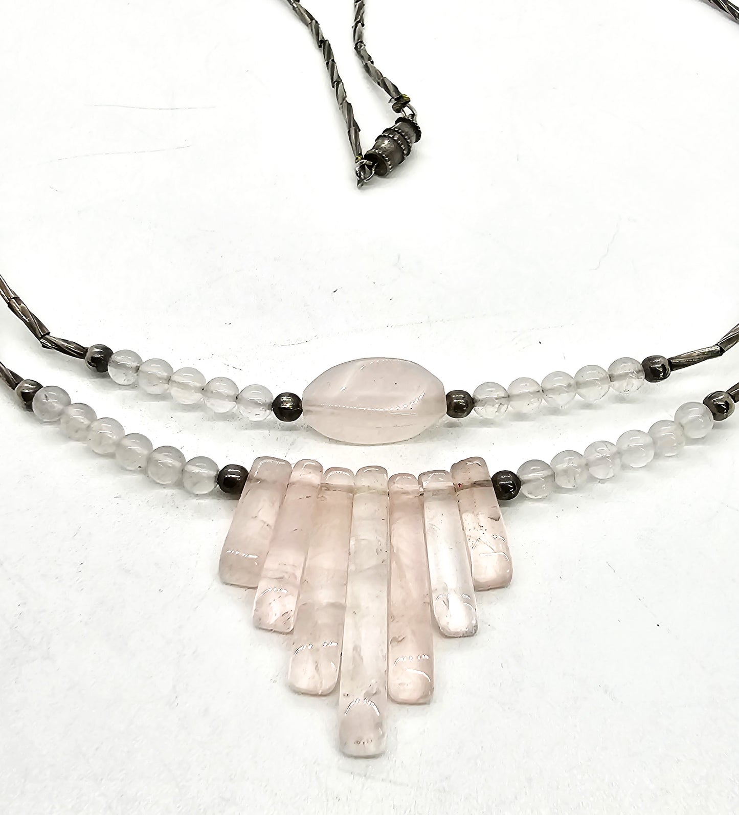 Rose Quartz pink gemstone silver toned layered retro vintage necklace