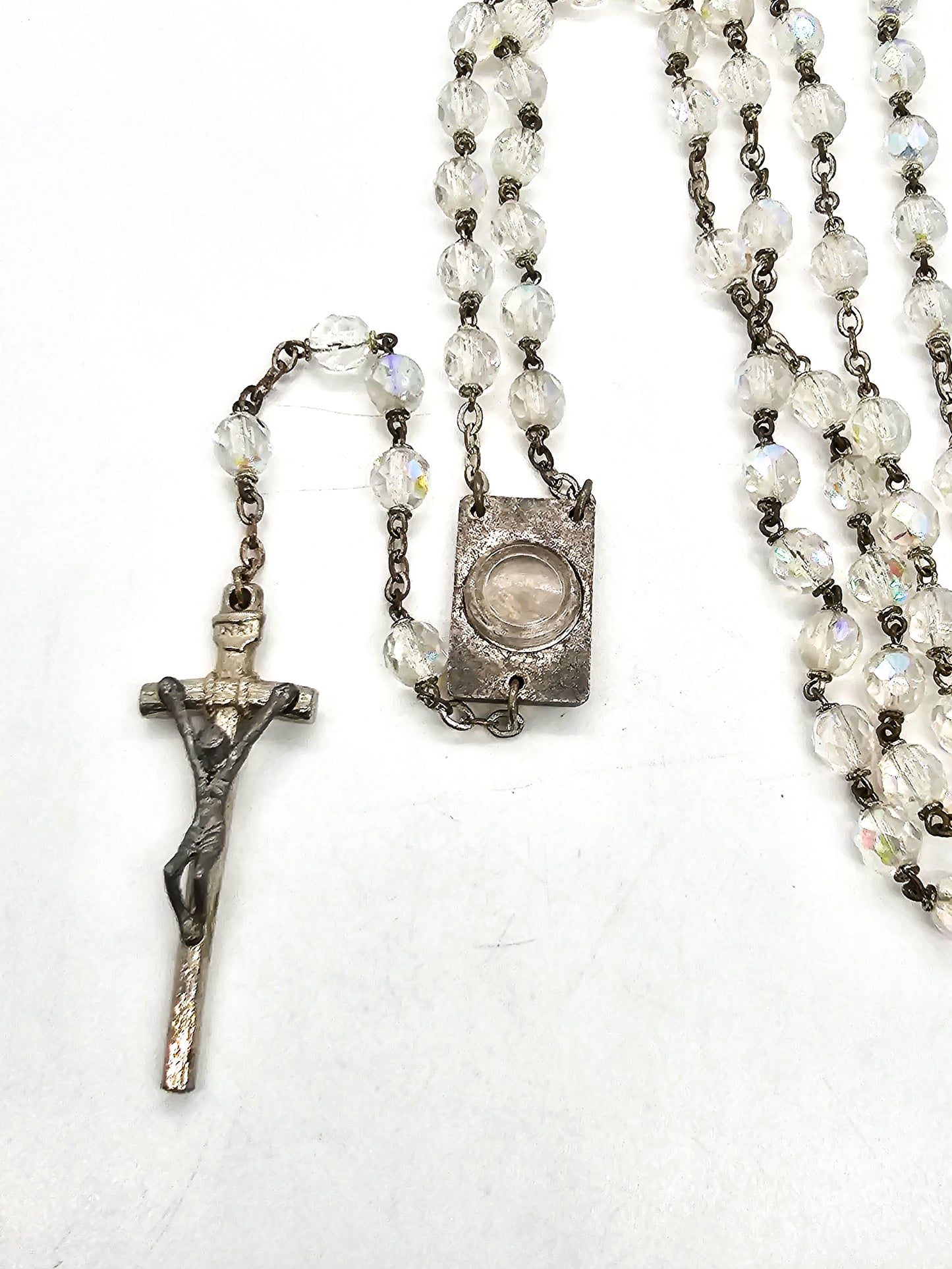 Reliquary Austrian crystal mid century Aurora Borealis vintage rosary Catholic