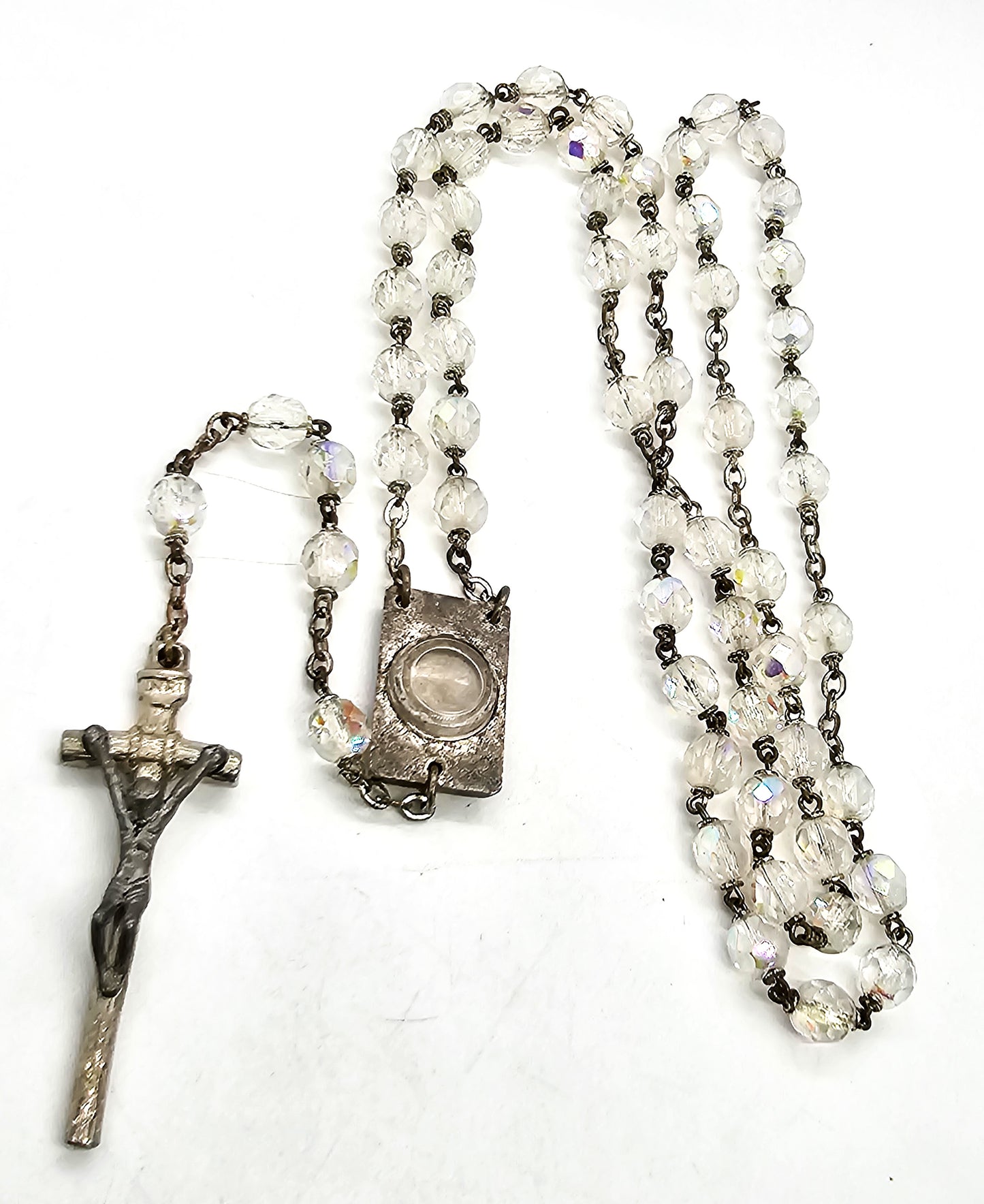 Reliquary Austrian crystal mid century Aurora Borealis vintage rosary Catholic
