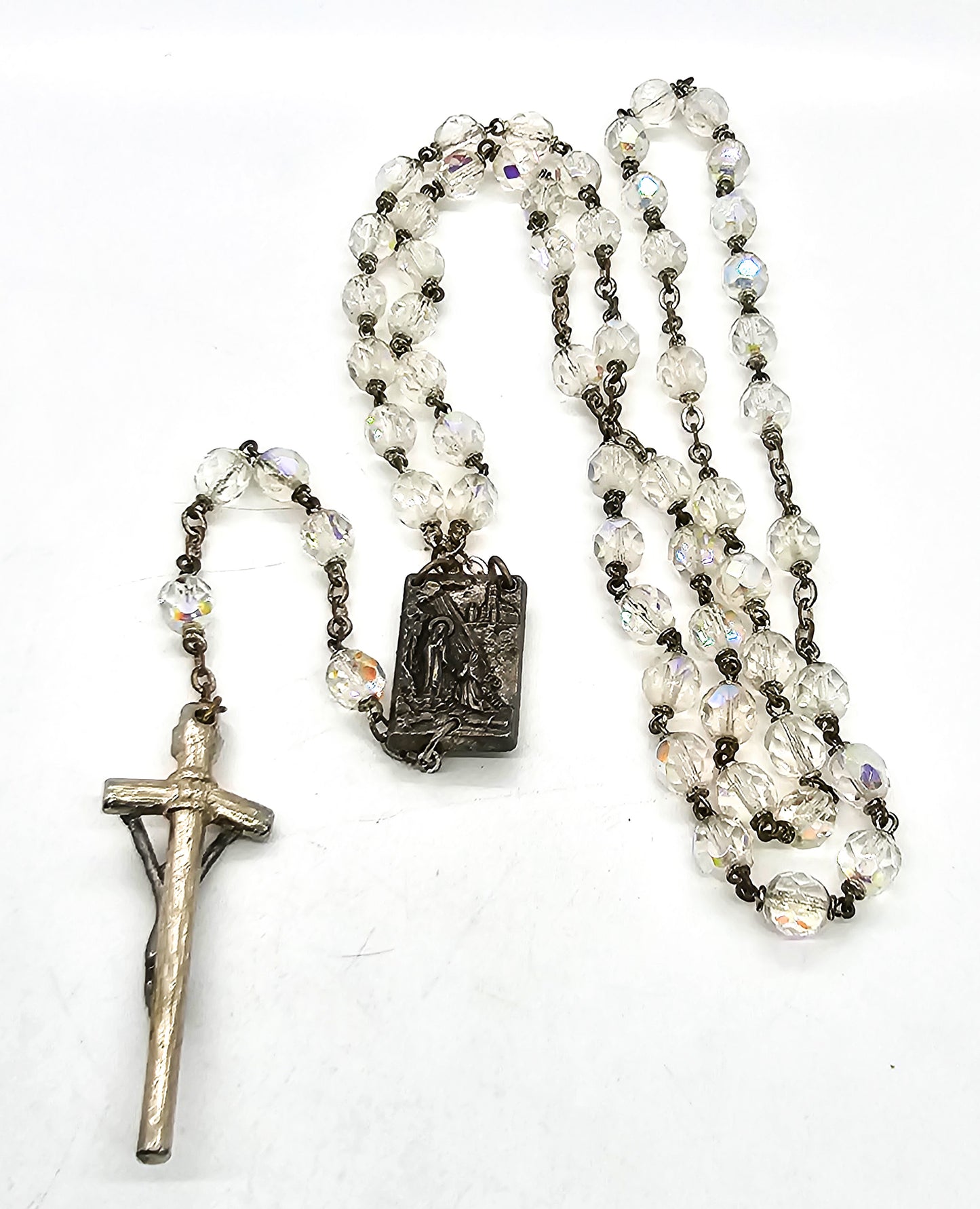Reliquary Austrian crystal mid century Aurora Borealis vintage rosary Catholic