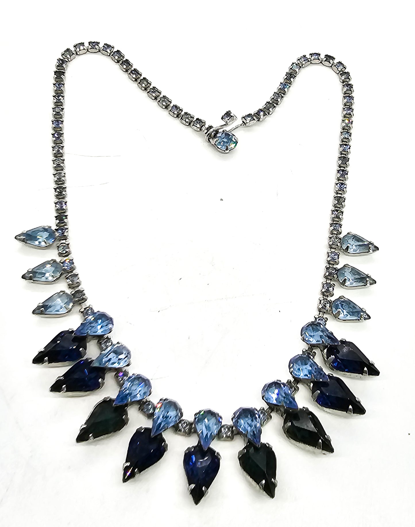 Mid century Dark and light blue pear cut vintage rhinestone statement necklace