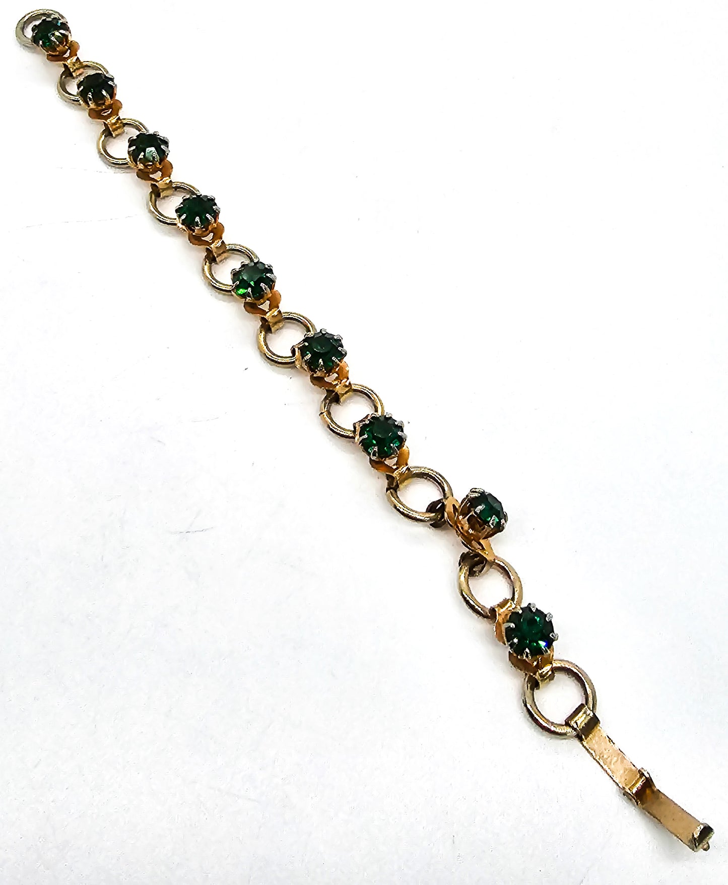 Green and gold toned vintage rhinestone tennis bracelet mid century