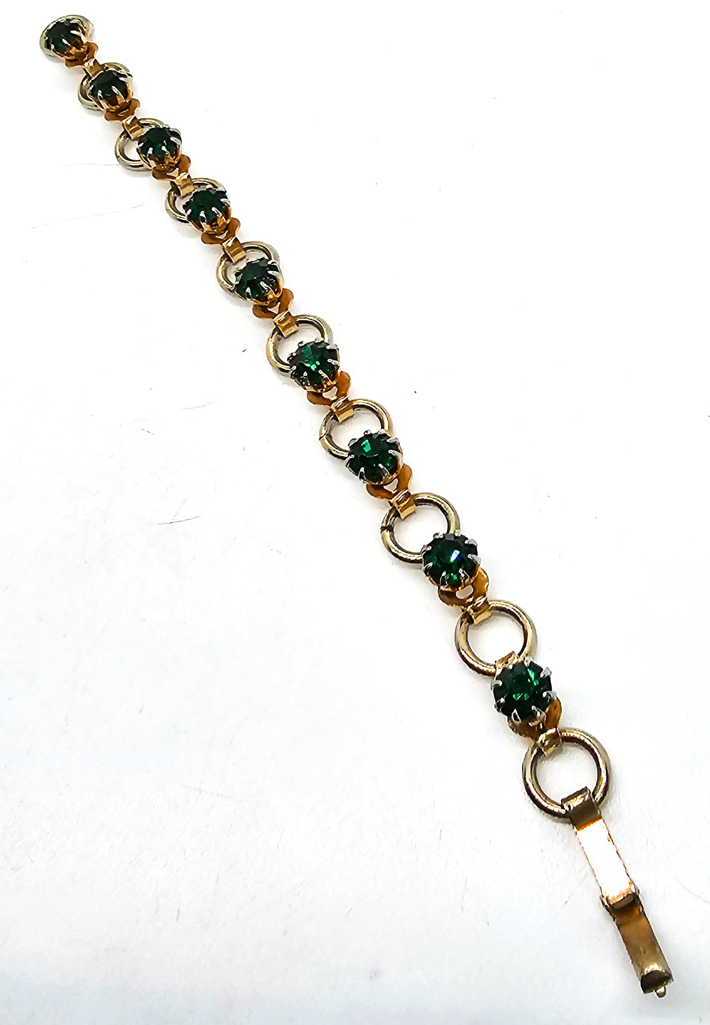 Green and gold toned vintage rhinestone tennis bracelet mid century
