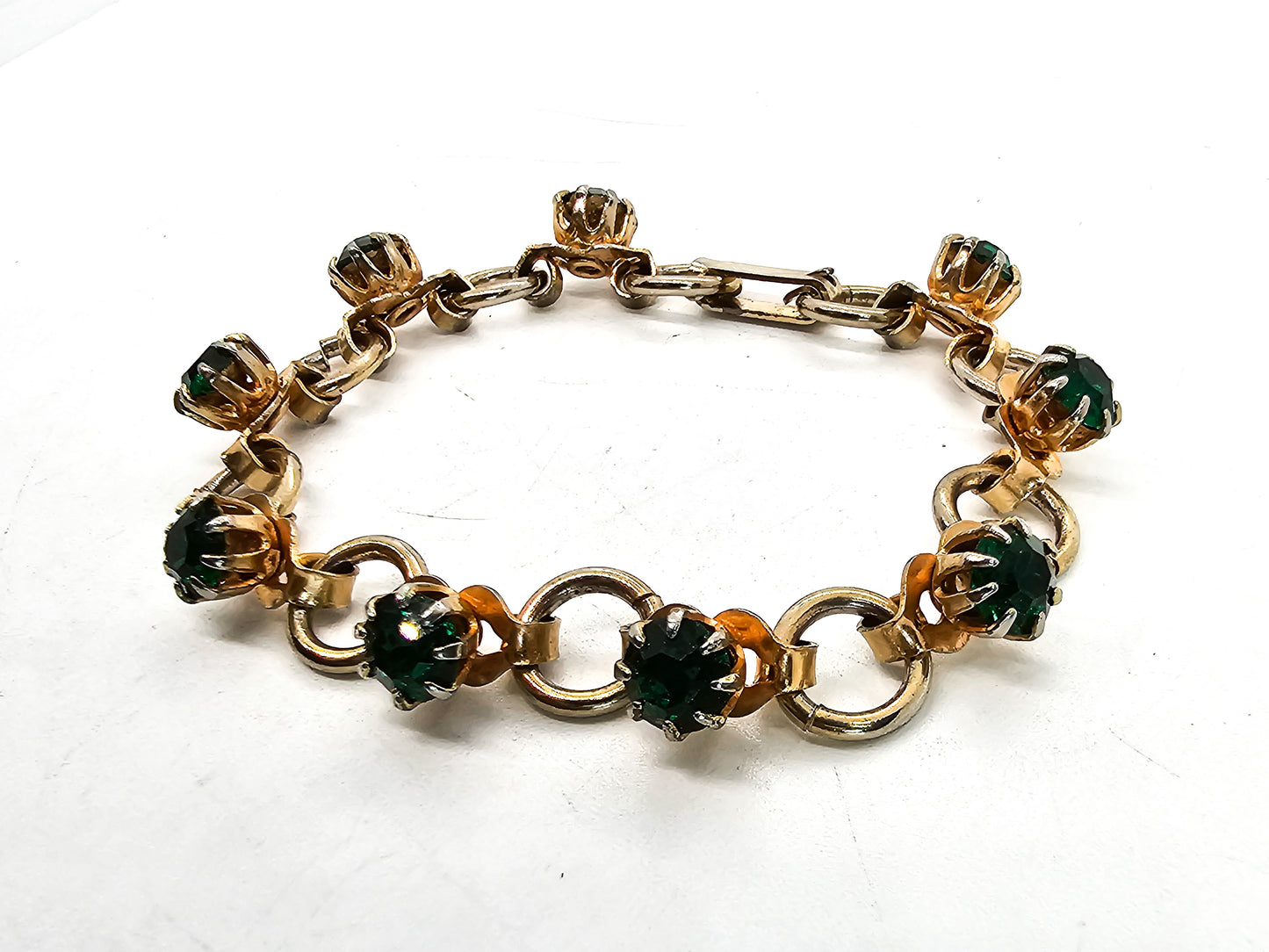 Green and gold toned vintage rhinestone tennis bracelet mid century