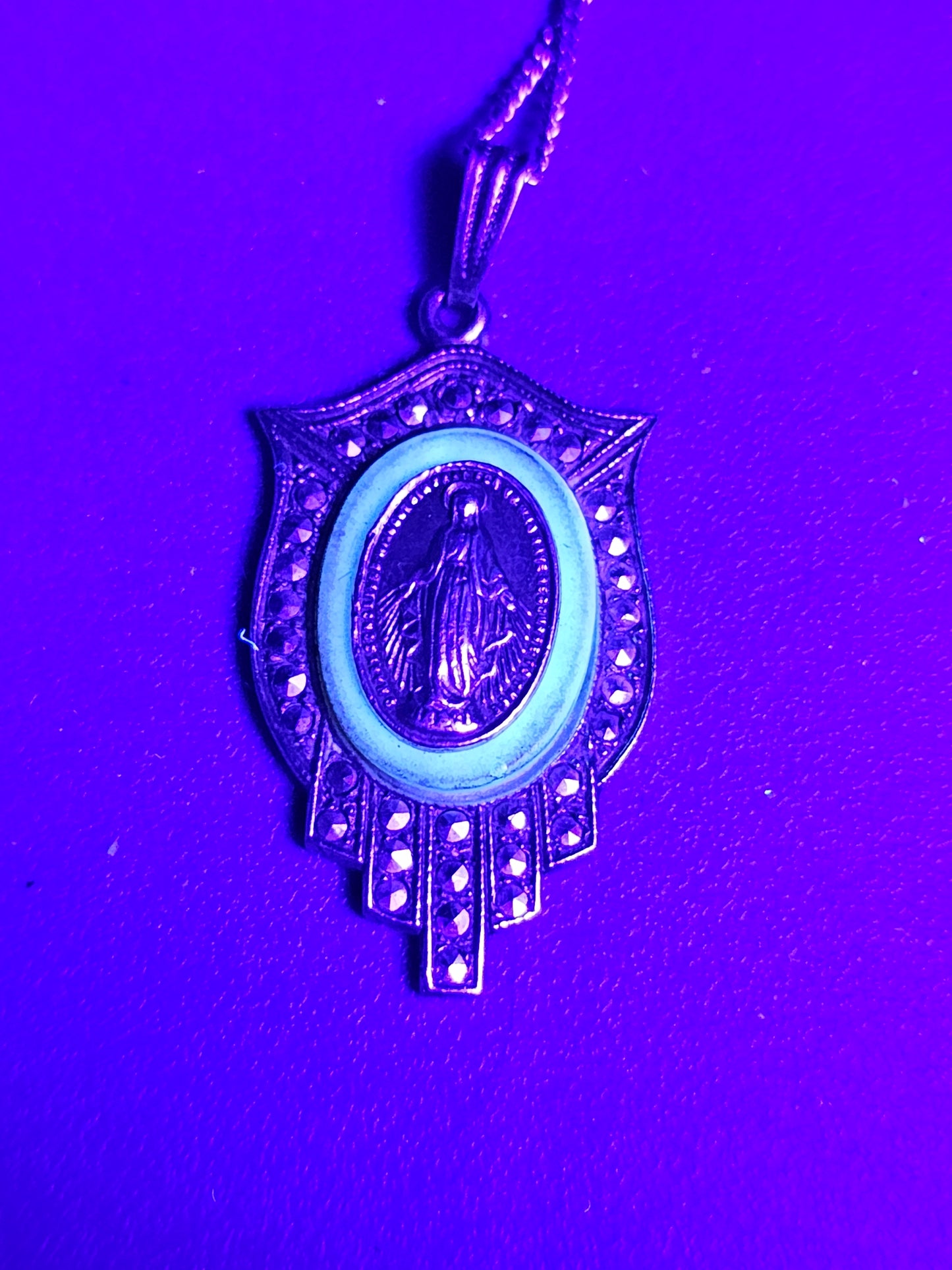 Blue glow uranium glass lead Miraculous medal vintage sterling silver necklace