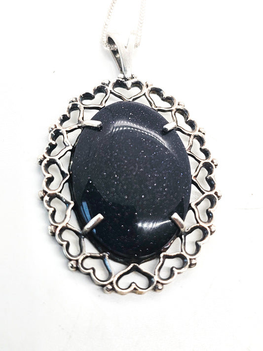 Kabana KBM Heart blue goldstone sterling silvre oval signed pendant 9.2 grams