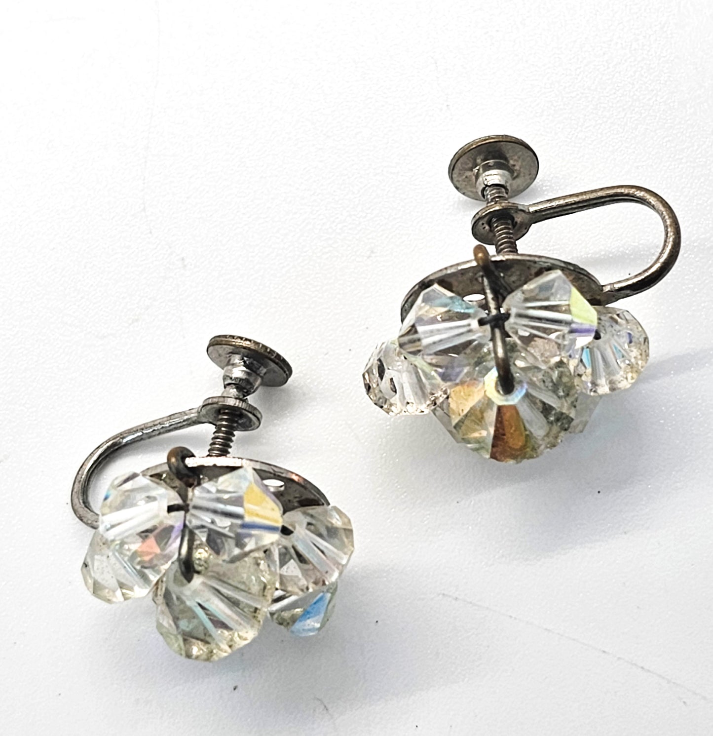 Austrian Crystal Aurora borealis small beaded vintage cluster screw back earrings