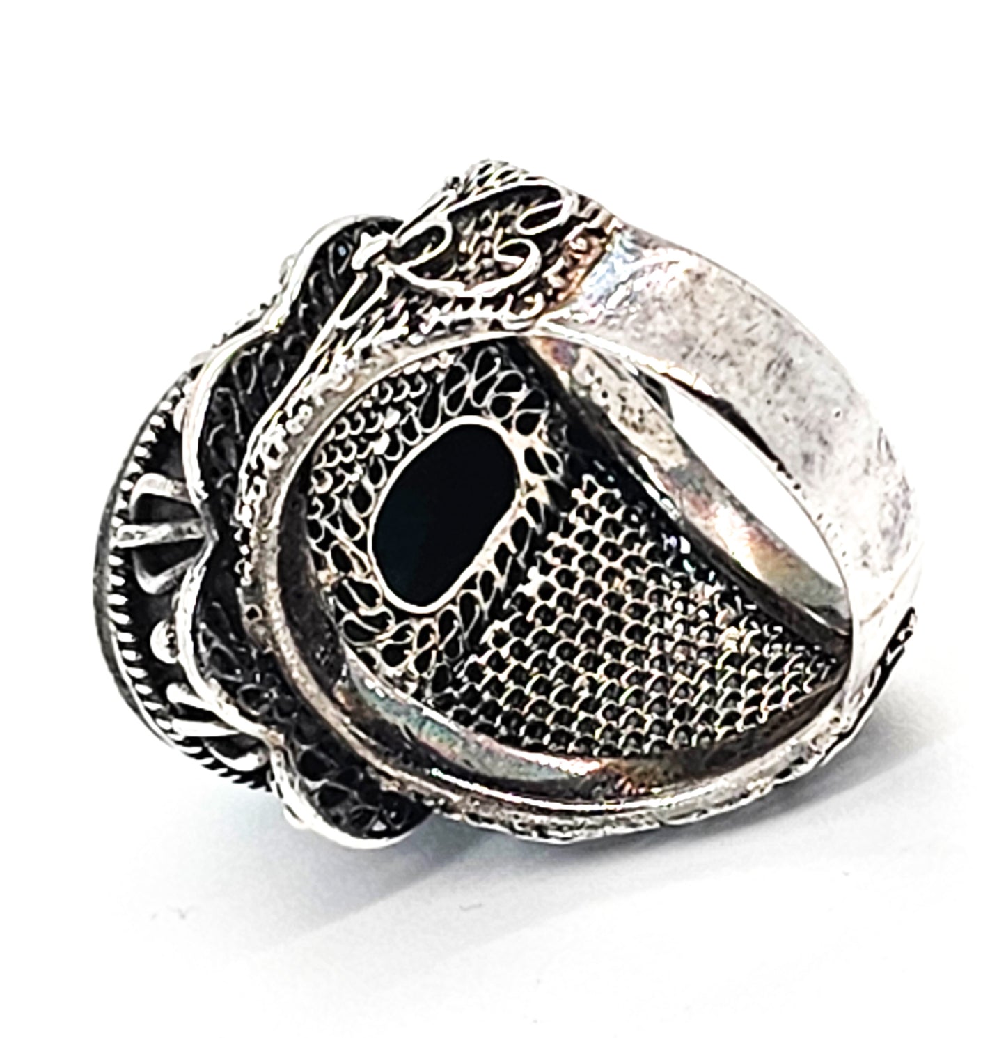 Turquoise filigree large sterling silver gemstone ring signed BJ size 6.5