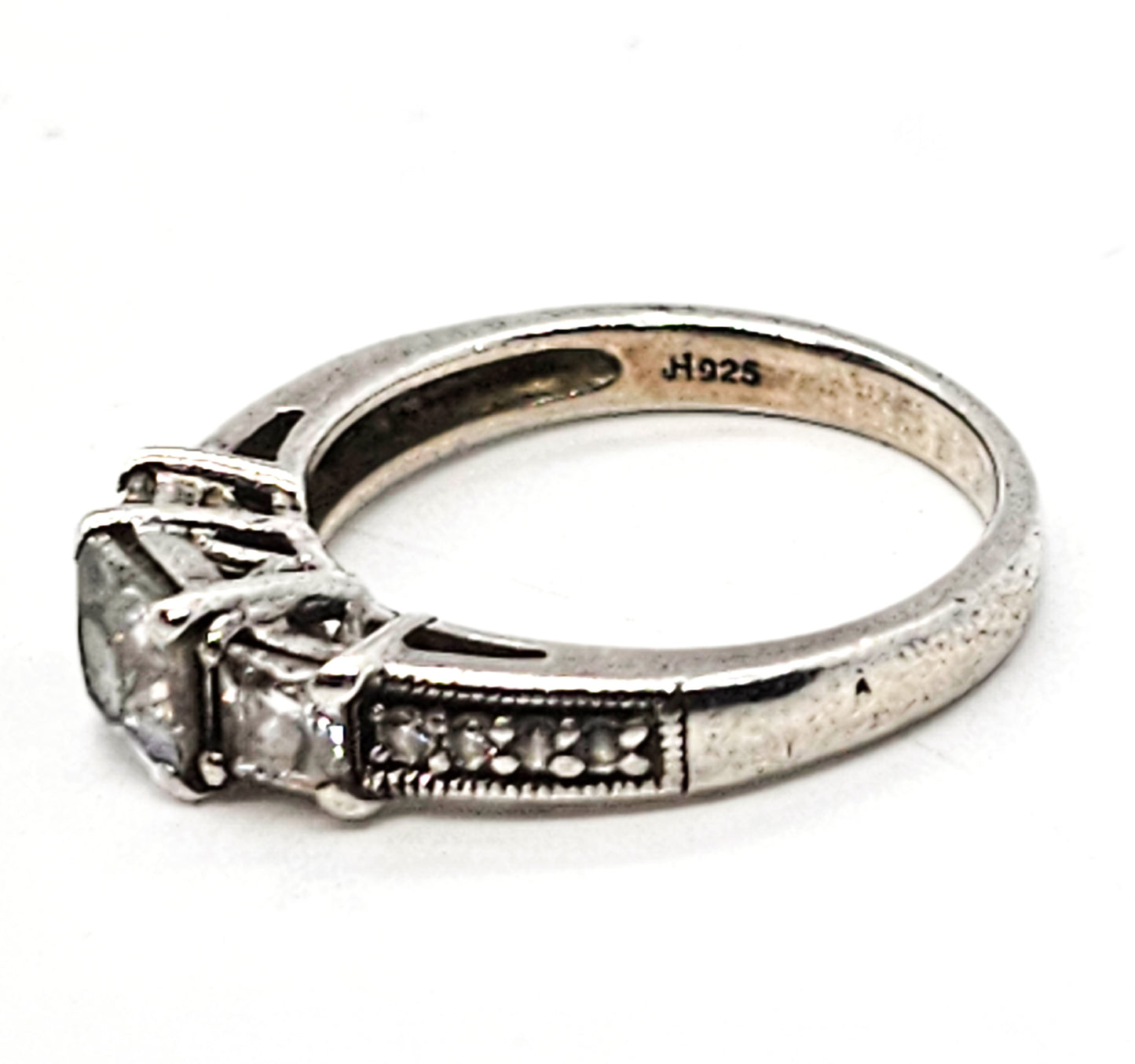 Princess cut three stone past present future CZ sterling silver ring size 7