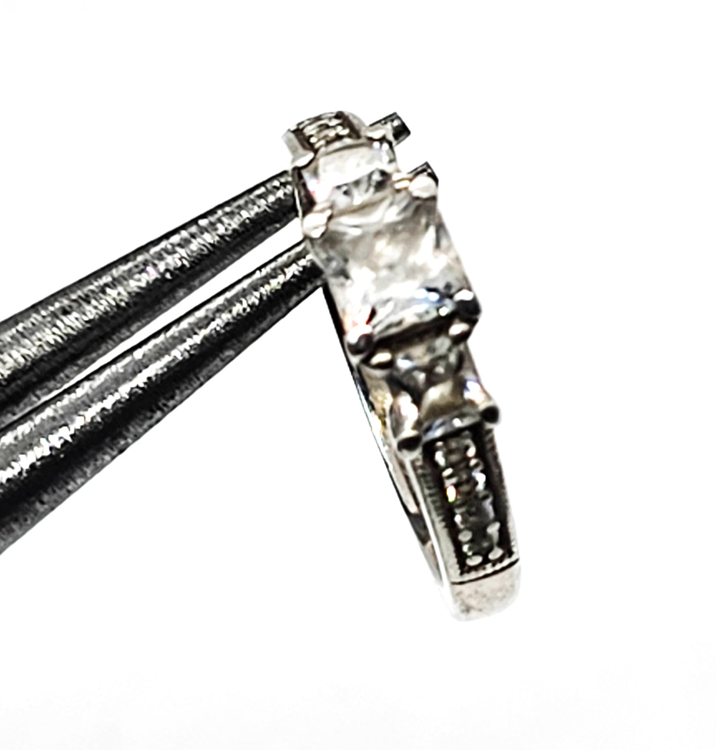 Princess cut three stone past present future CZ sterling silver ring size 7