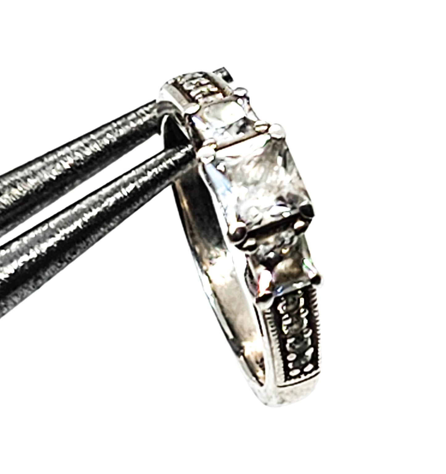 Princess cut three stone past present future CZ sterling silver ring size 7