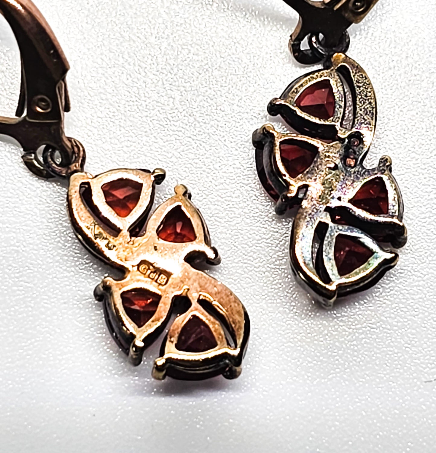 Karis Rose Gold plated trillium cut synthetic garnet drop earrings
