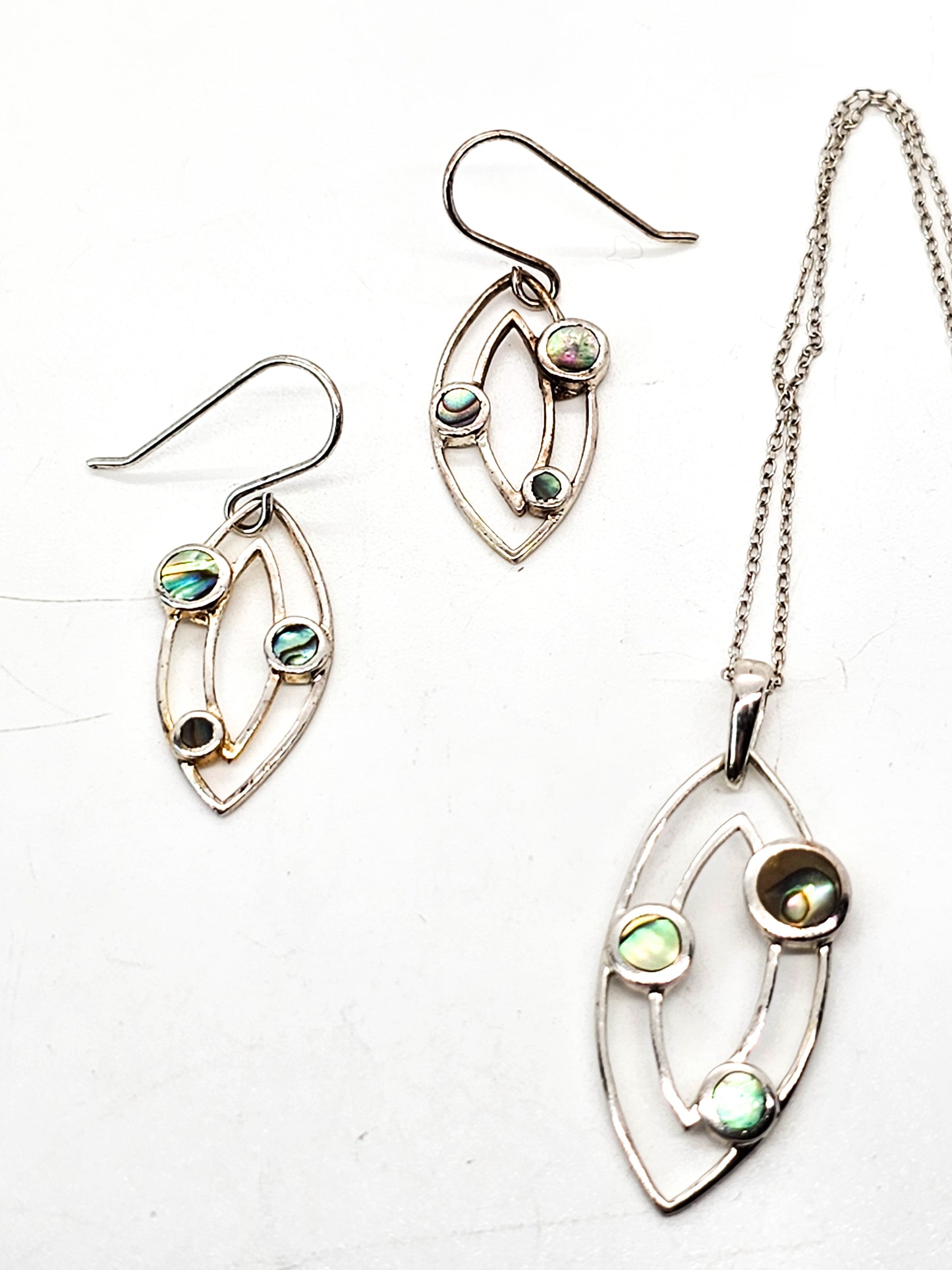 Atomic Abalone sterling silver vintage necklace and earrings set signed SU