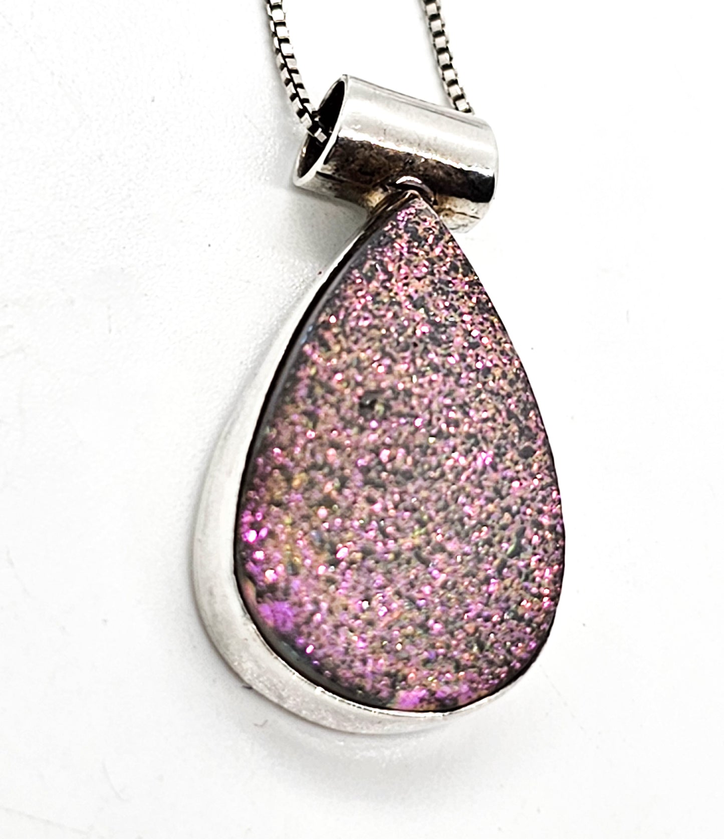 Angel Aura Druzy Quartz pink and green pear cut sterling silver necklace