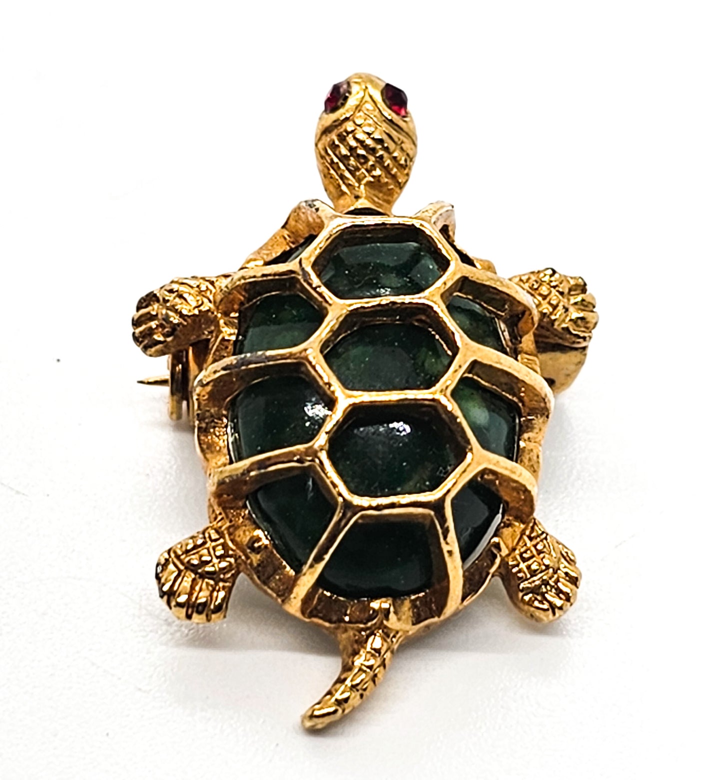 Turtle green lucite and gold toned vintage reptile brooch with red rhinestone eyes