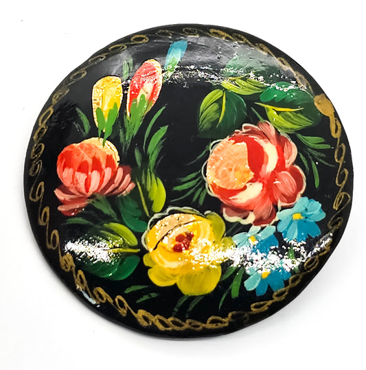 Folk Art Flower lacquer hand painted gold leaf flower vintage brooch