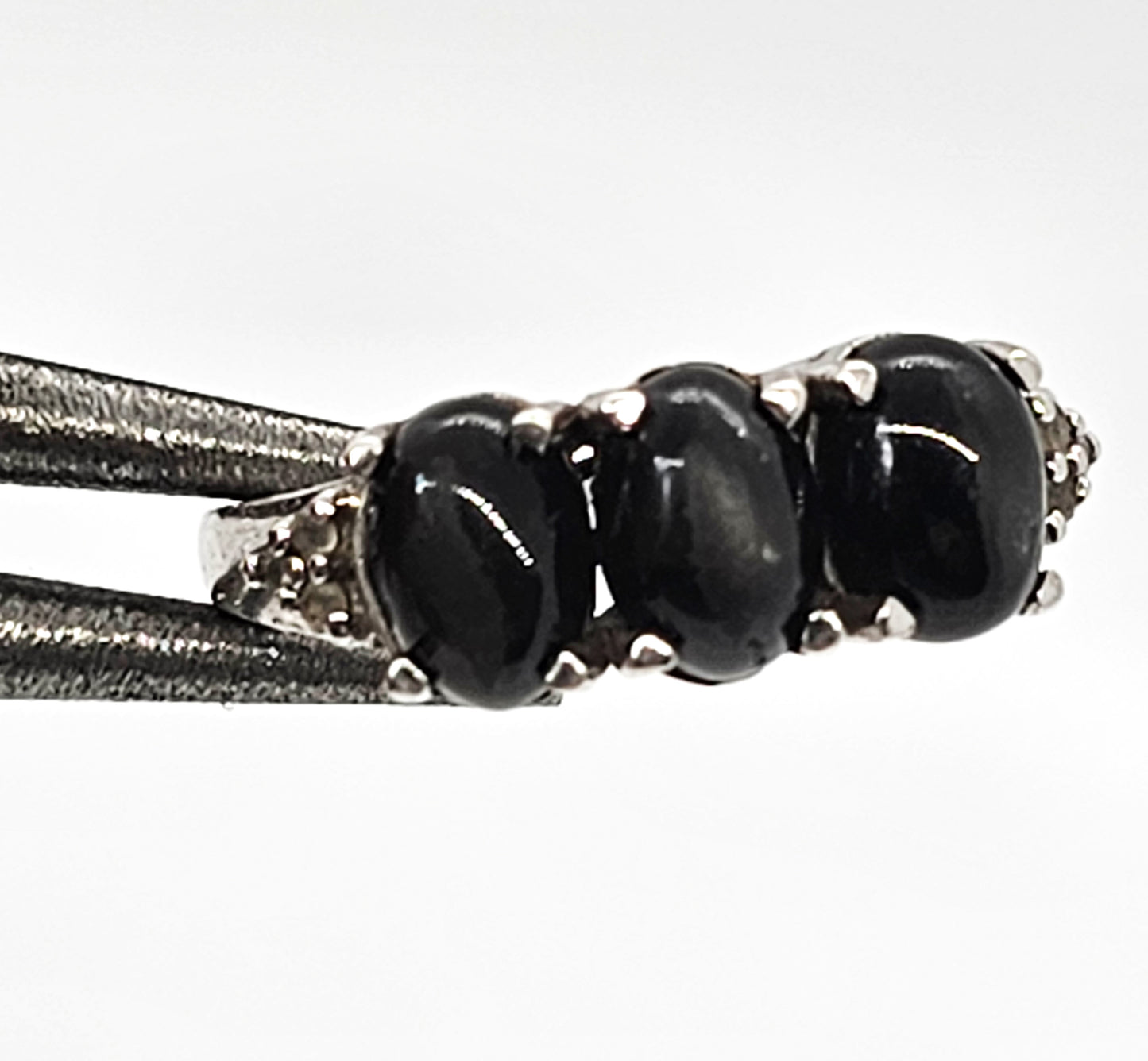 Black Cat's Eye and clear Quartz triple stone sterling silver ring size 7