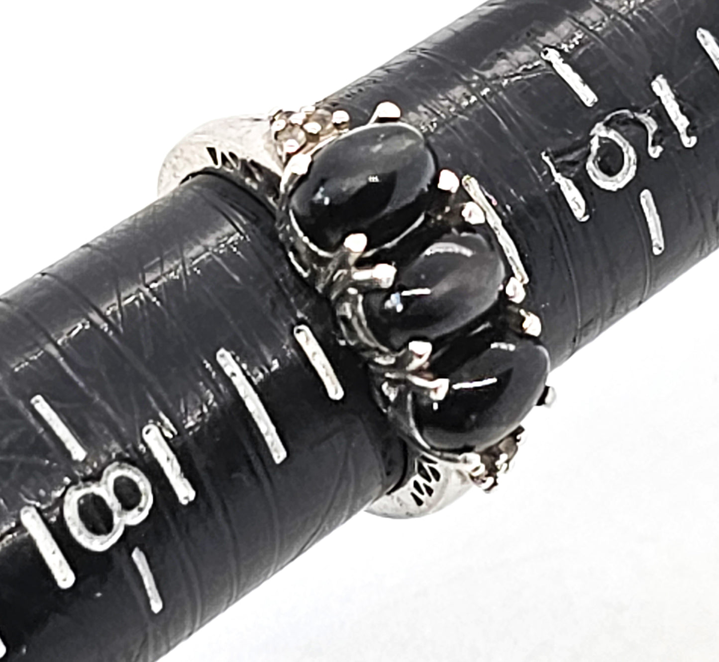Black Cat's Eye and clear Quartz triple stone sterling silver ring size 7