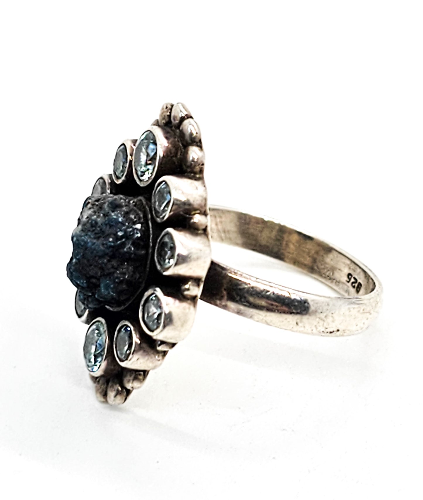 Rough blue apatite and blue topaz sterling silver statement ring size 8