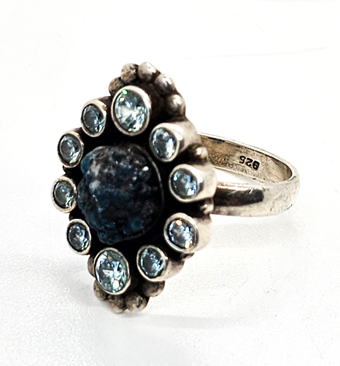 Rough blue apatite and blue topaz sterling silver statement ring size 8