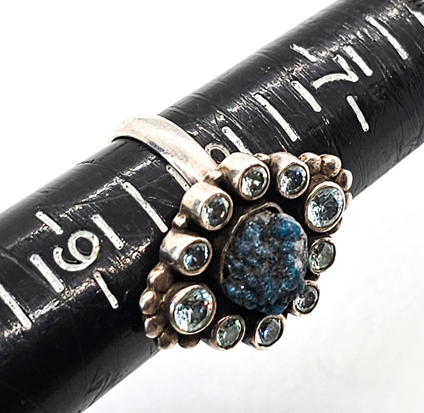 Rough blue apatite and blue topaz sterling silver statement ring size 8