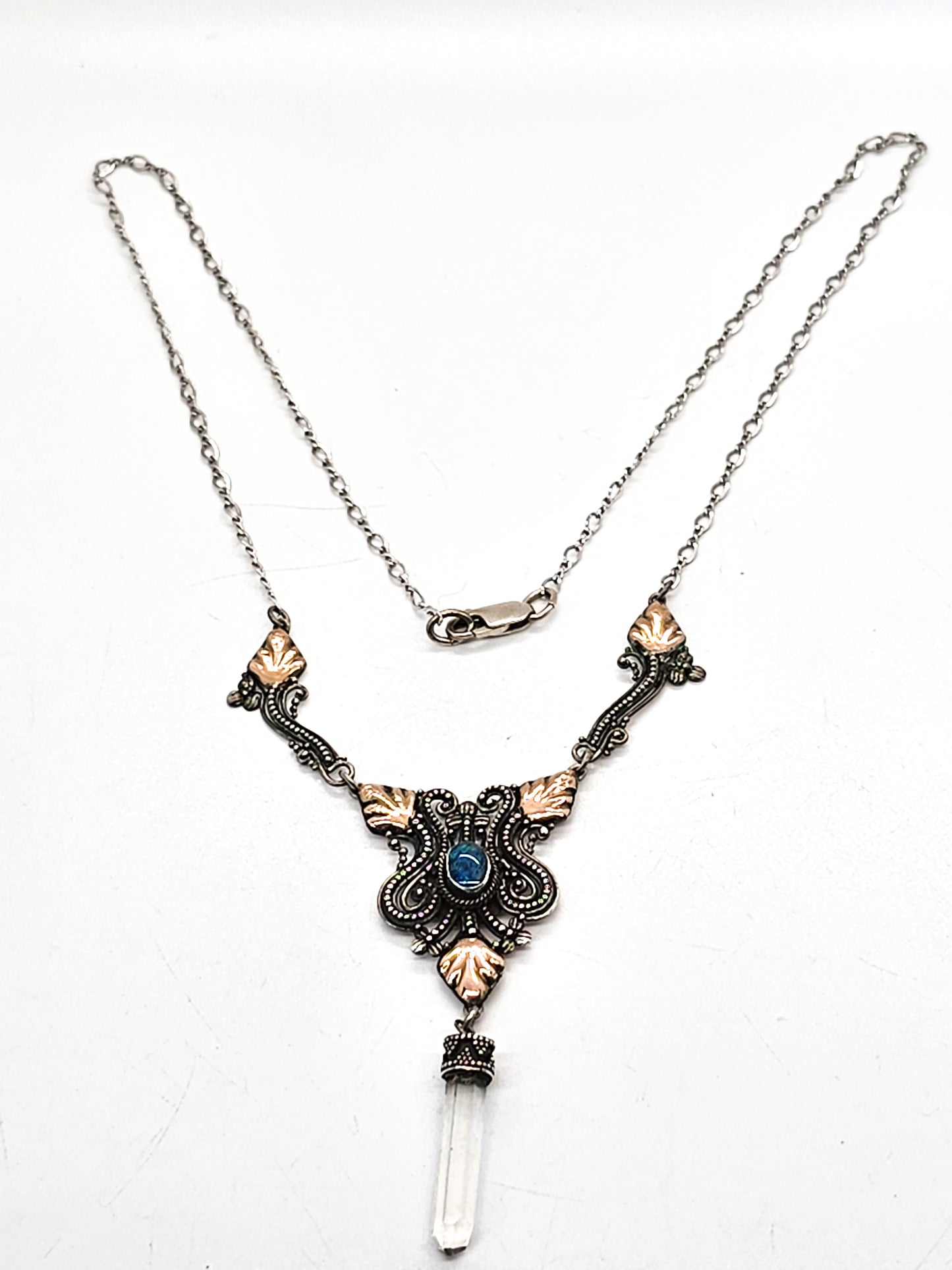 Blue opal gold over sterling silver leaf tribal drop terminated clear quartz necklace