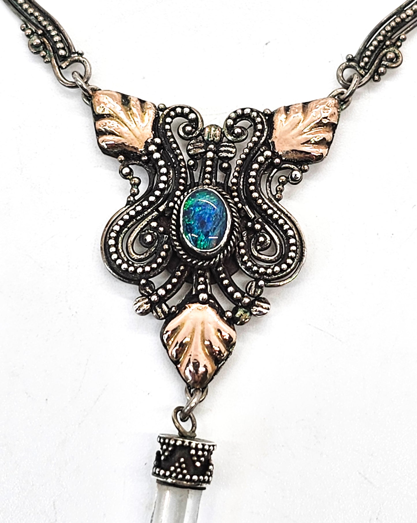 Blue opal gold over sterling silver leaf tribal drop terminated clear quartz necklace